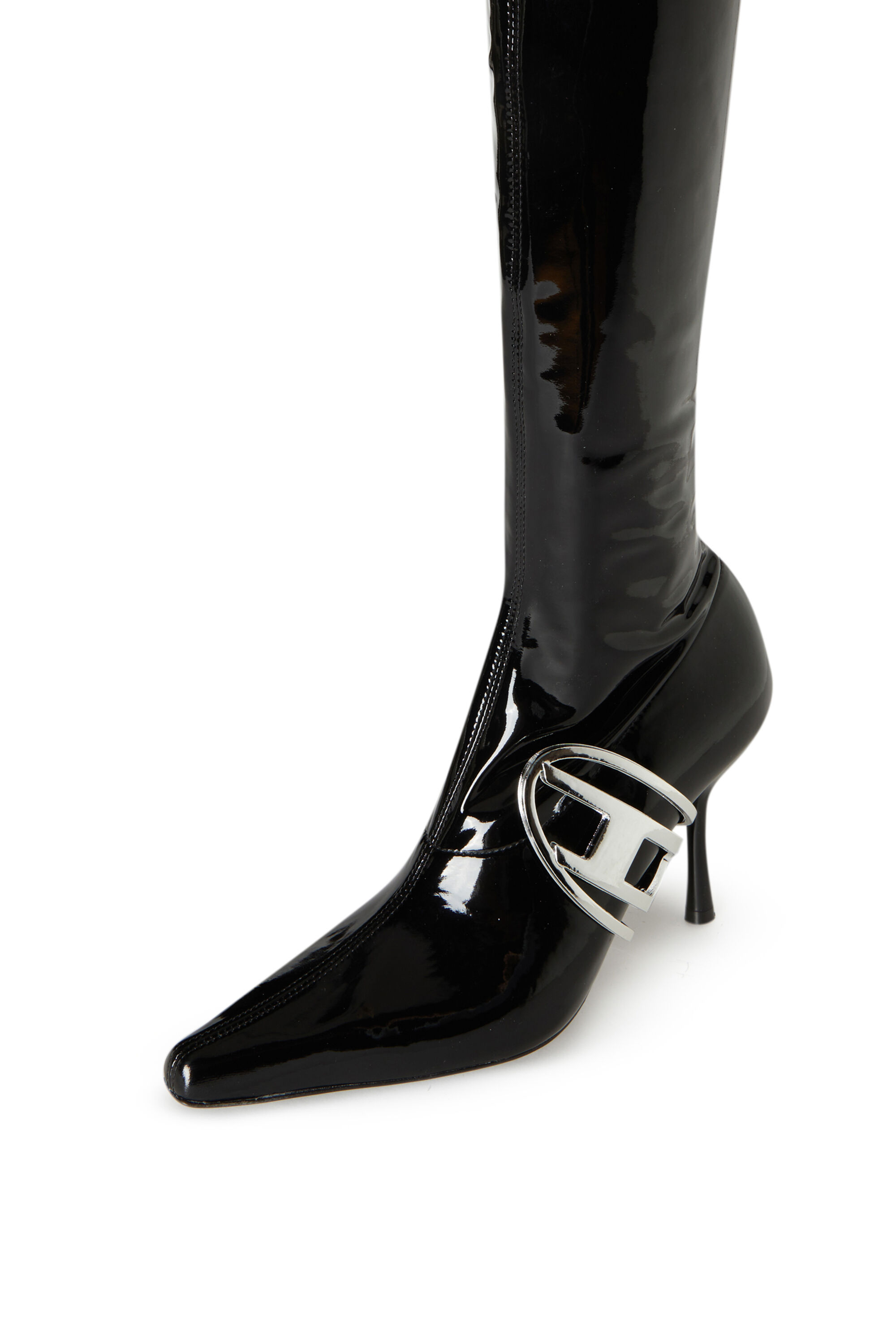 Diesel - D-ECLIPSE TBT, Woman D-Eclipse TBT - Patent thigh-high boots with oval plaque in Black - Image 4