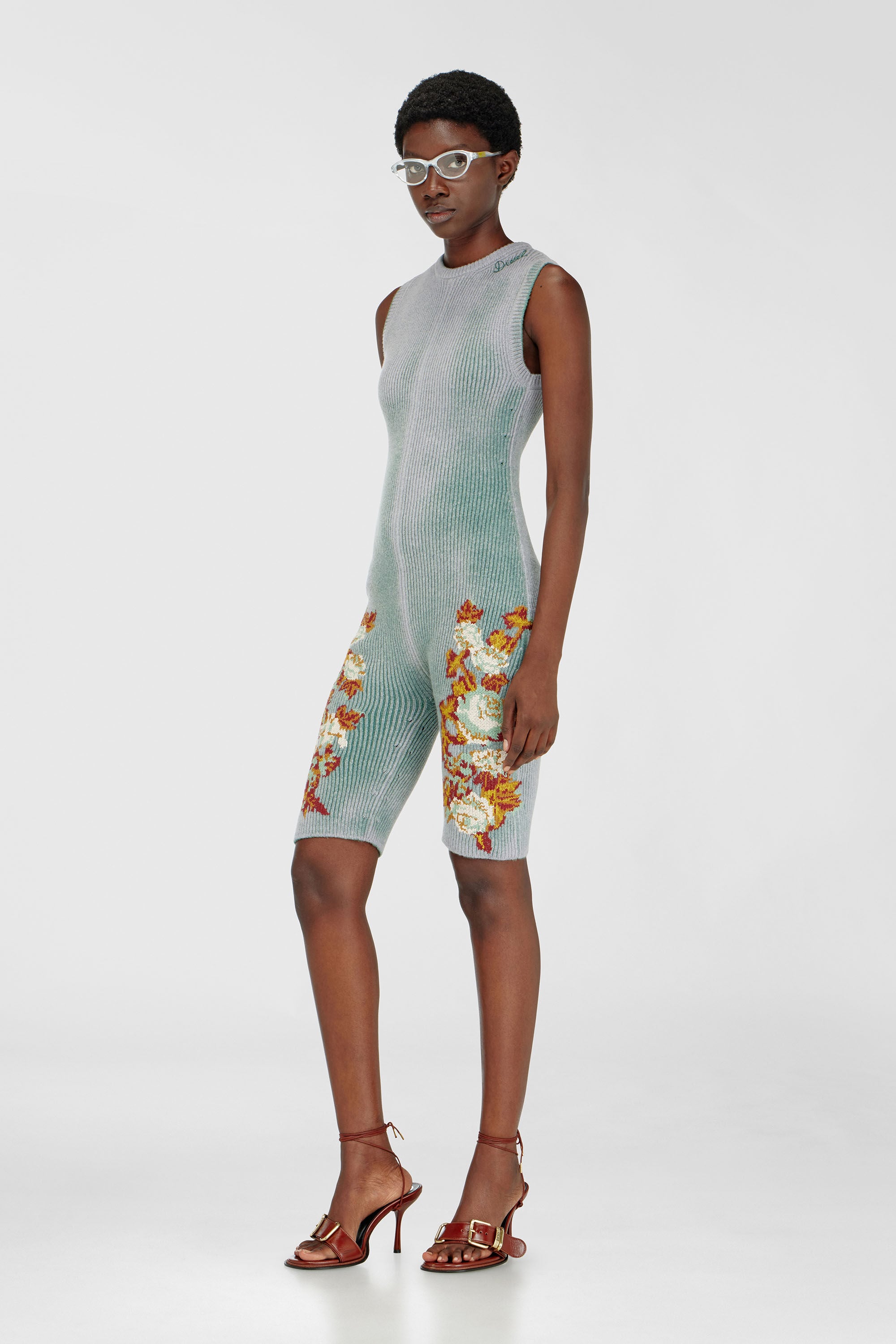 Diesel - M-RAREM, Woman's Knitted playsuit with floral motif in Blue/Green - 3