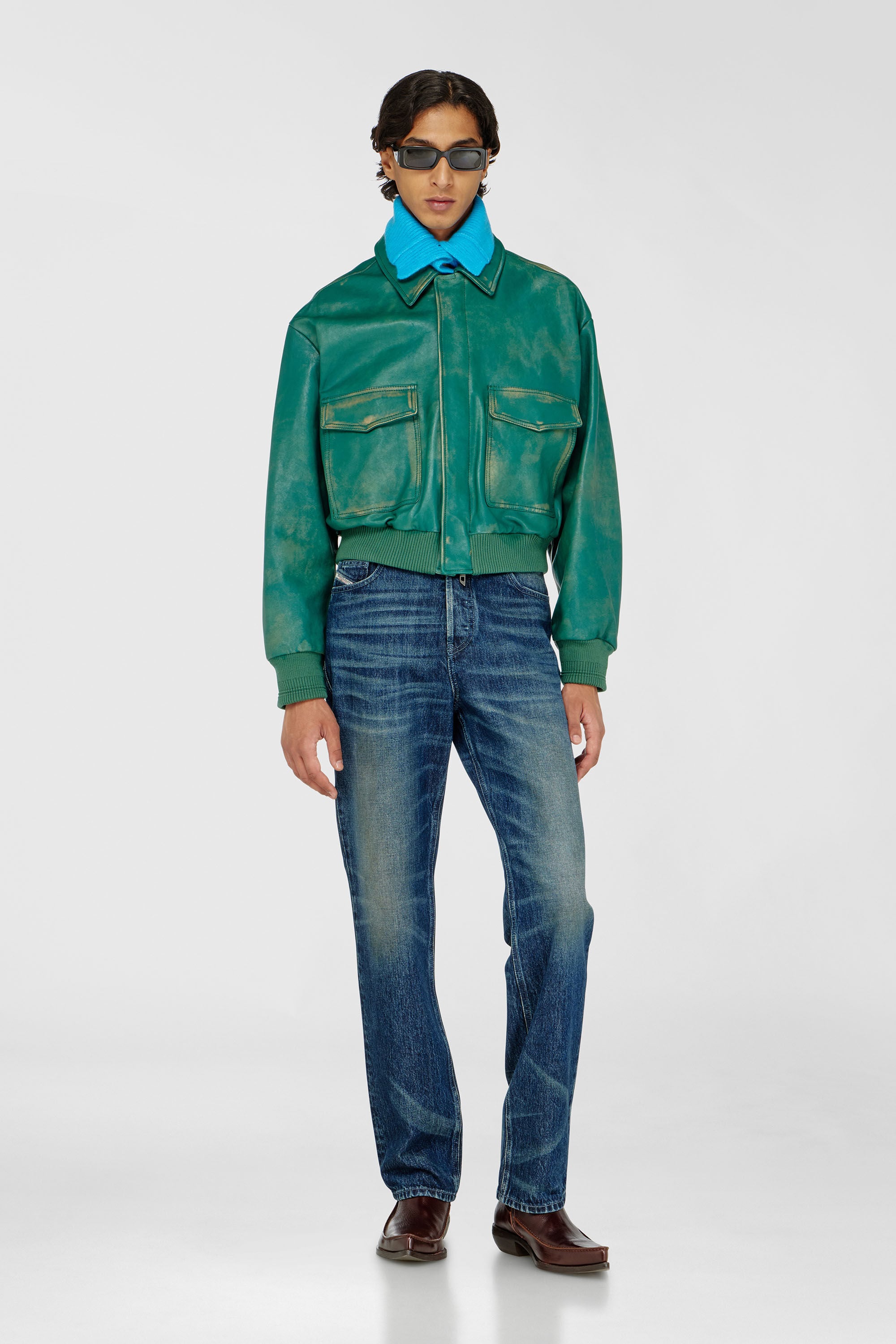 Diesel - L-UMAN, Man's Aviator jacket in treated leather in Dark Green - 1