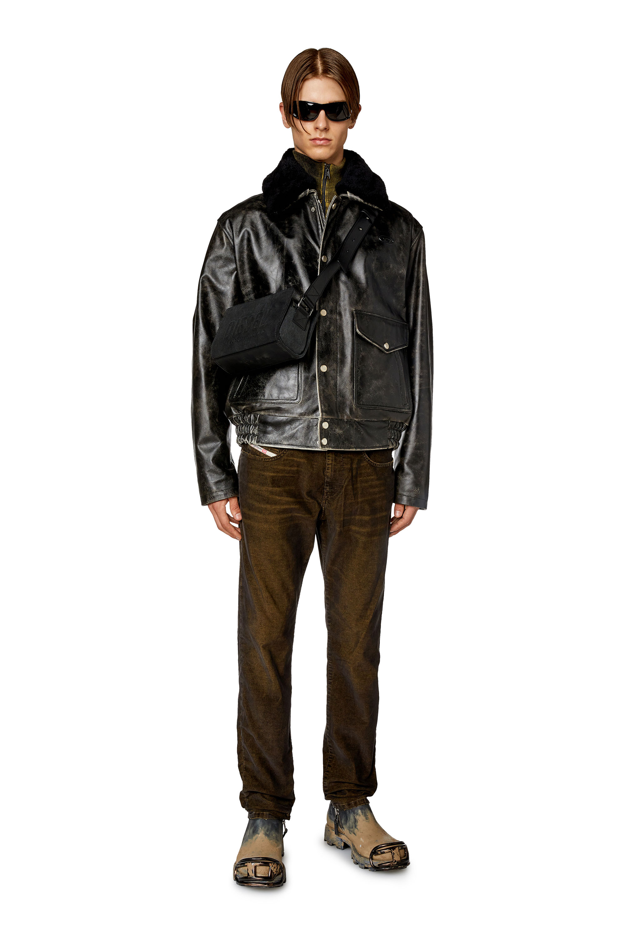 Treated leather jacket with fleece collar