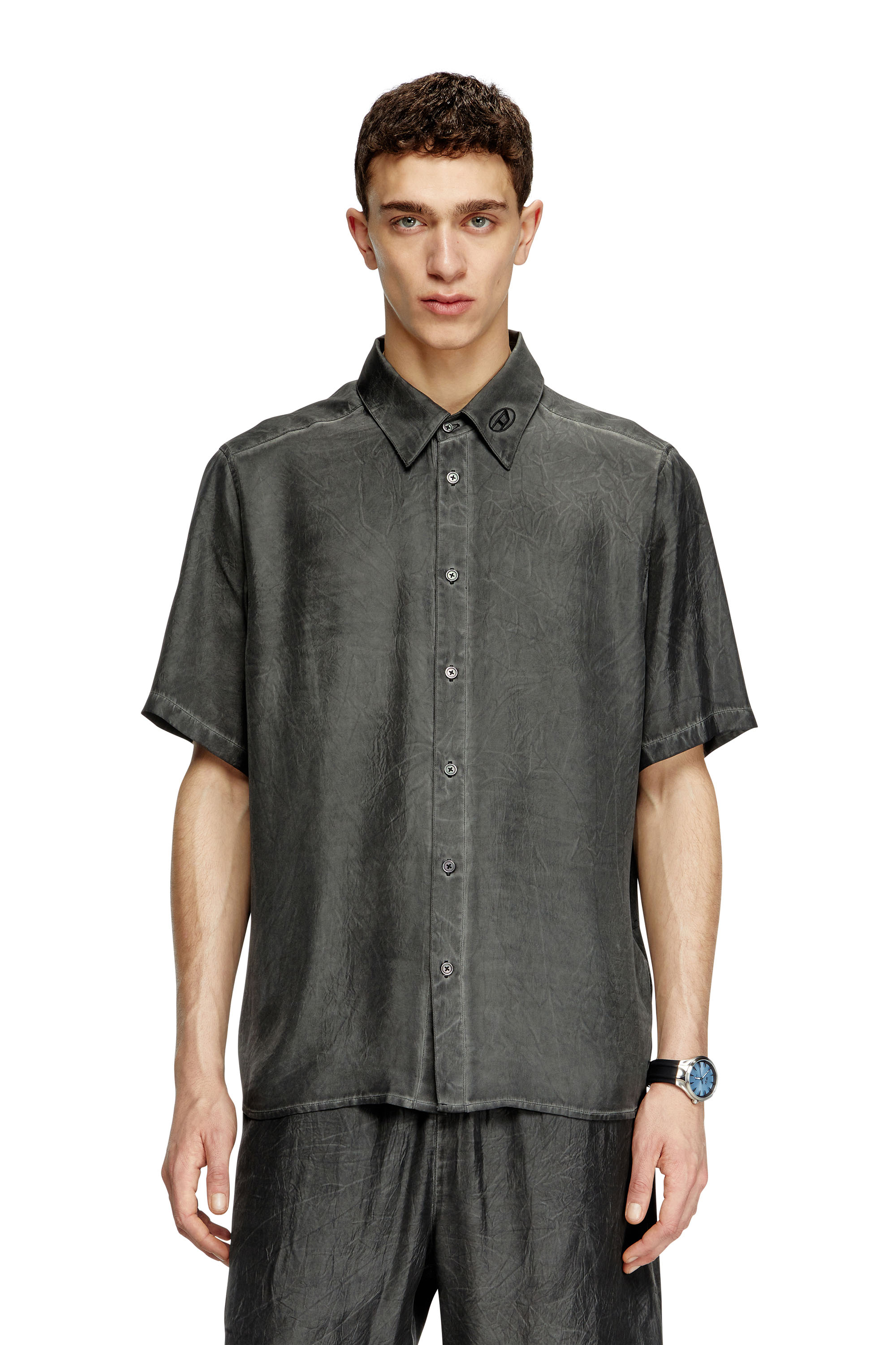 Diesel - S-LEON-SHORT, Unisex's Crinkled short-sleeve shirt with logo collar in null - 1