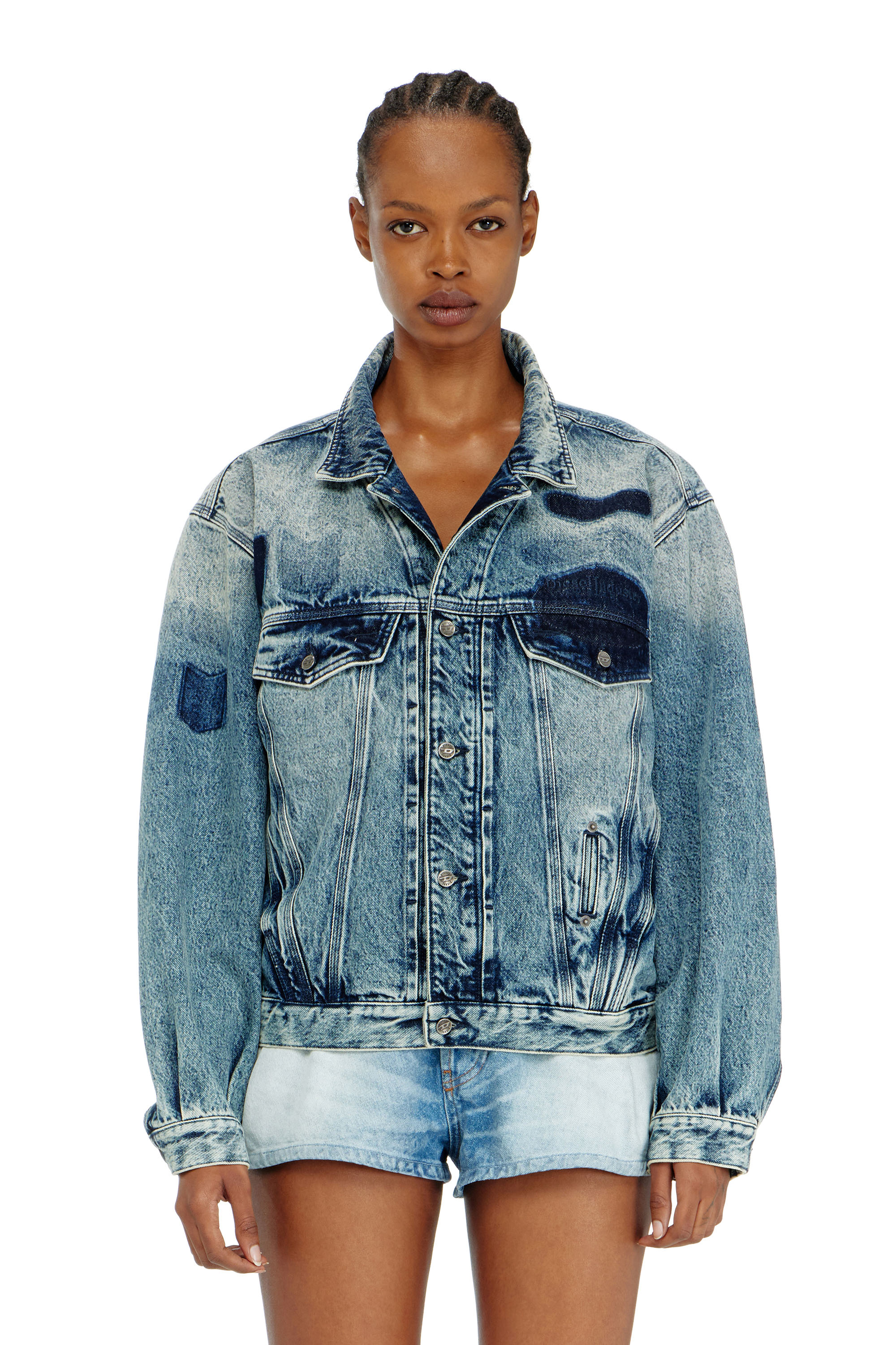 Diesel - D-DENVER-S2, Unisex's Trucker jacket with patch effects in Medium blue - 3