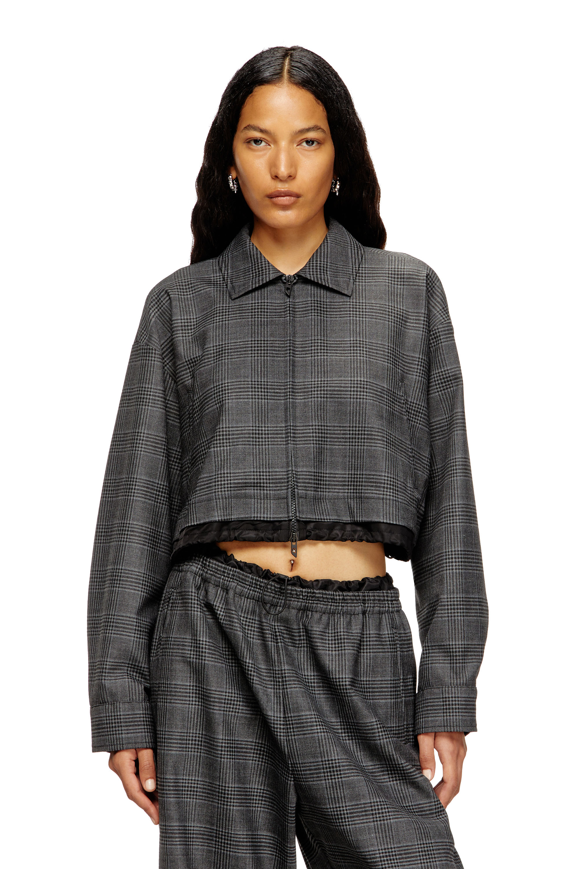 Diesel - J-TING-FEM, Woman's Cropped Prince of Wales wool-blend coach jacket in Black - 3