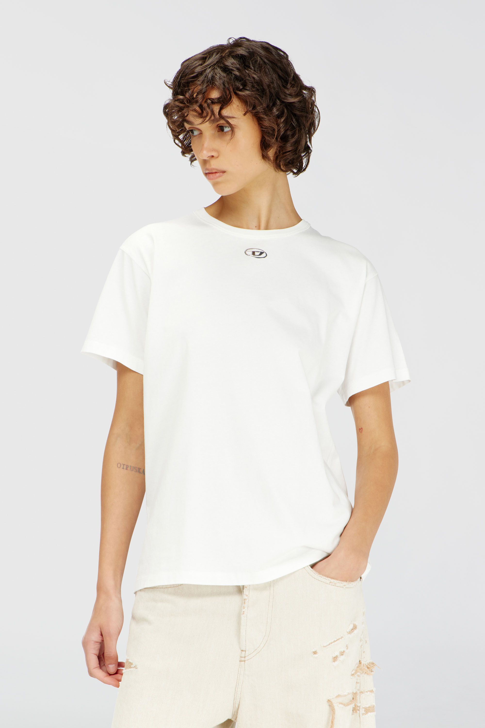 Diesel - T-NORMY-OD-S1, Woman's Cotton T-shirt with metallic Oval D in White - 1