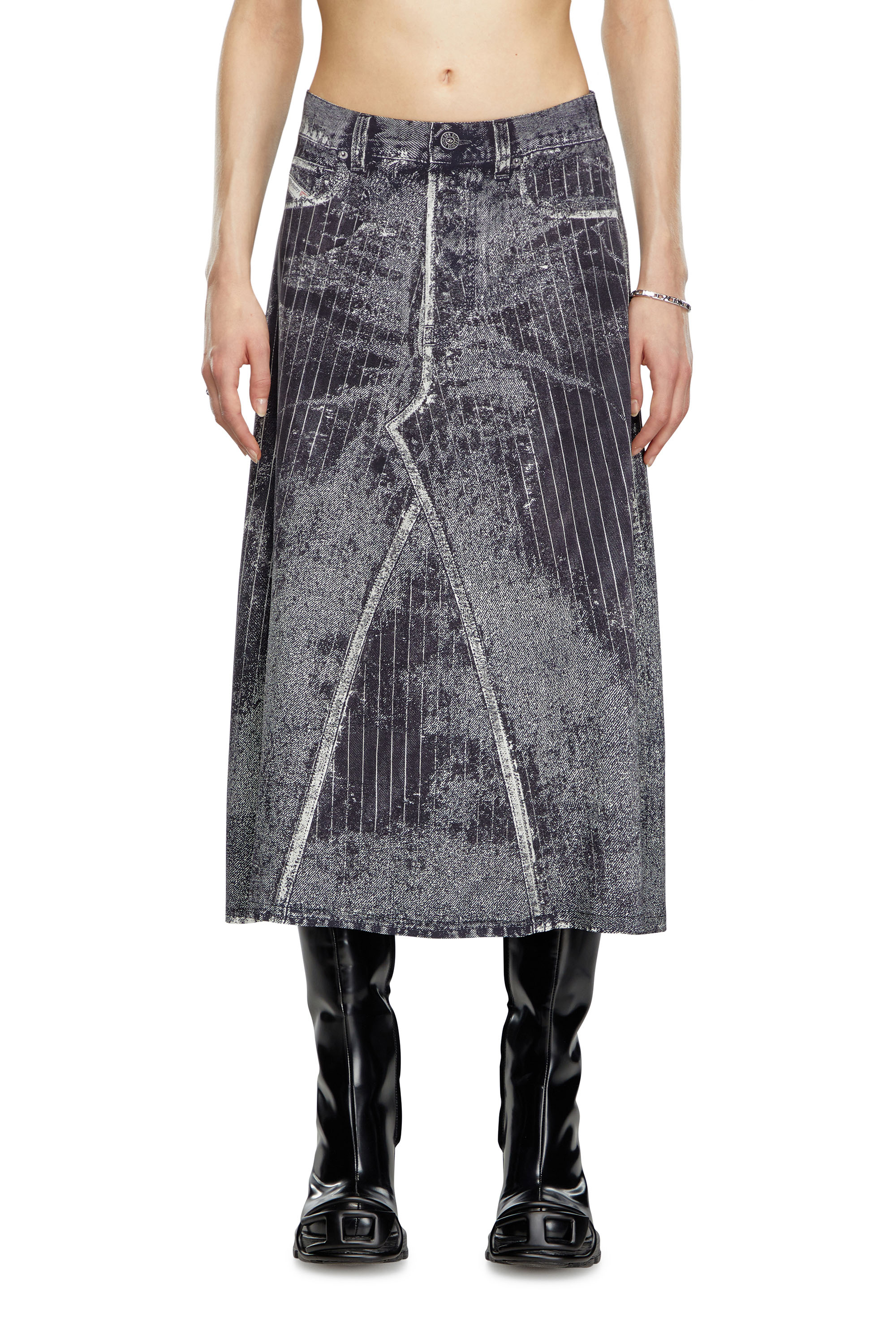 Diesel - O-HANNA, Woman Satin skirt with print of pinstripe denim in Black - Image 1