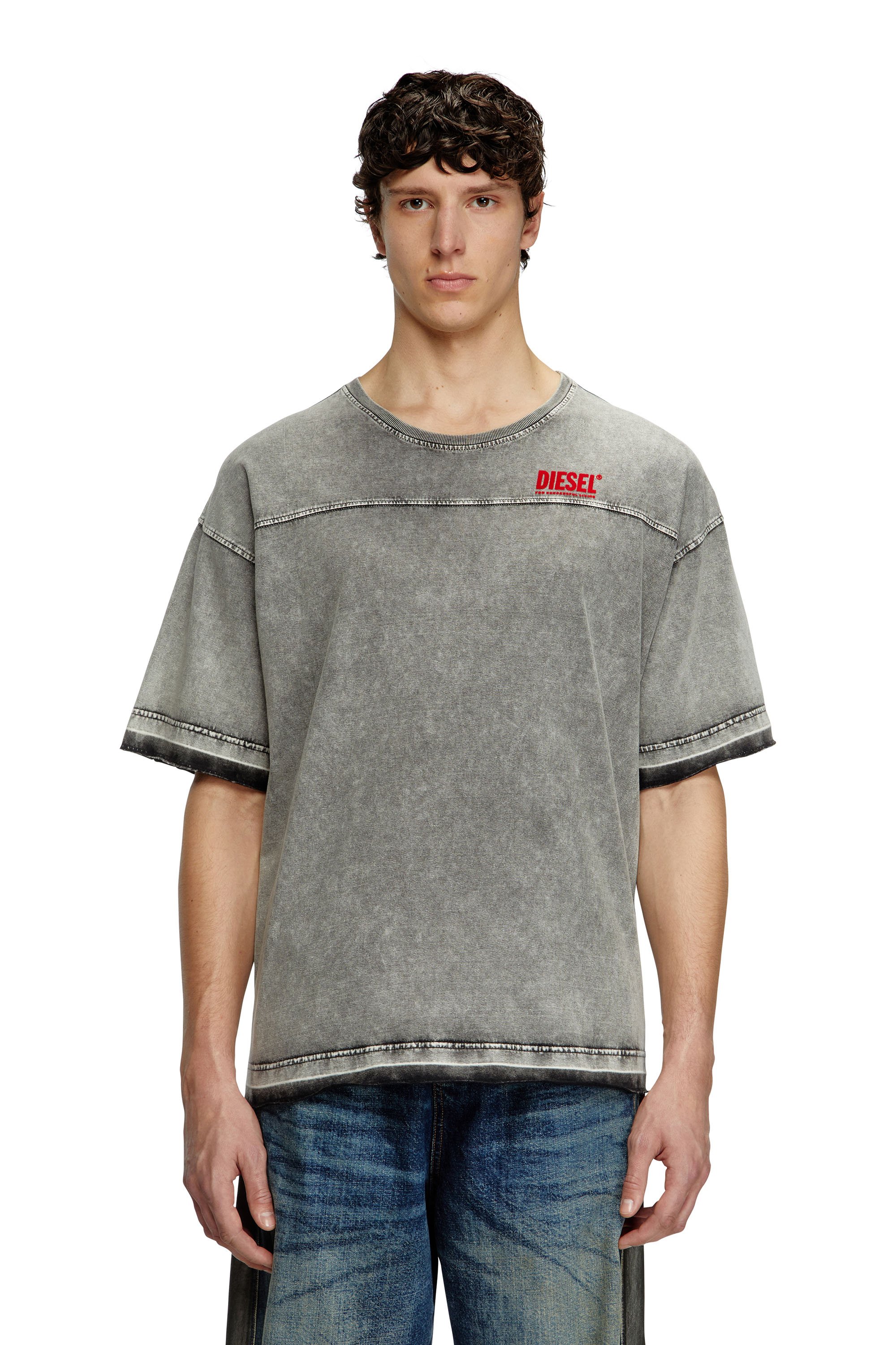 Diesel - T-HOXT, Man's Denim-look T-shirt with released hems in Light Grey - 1