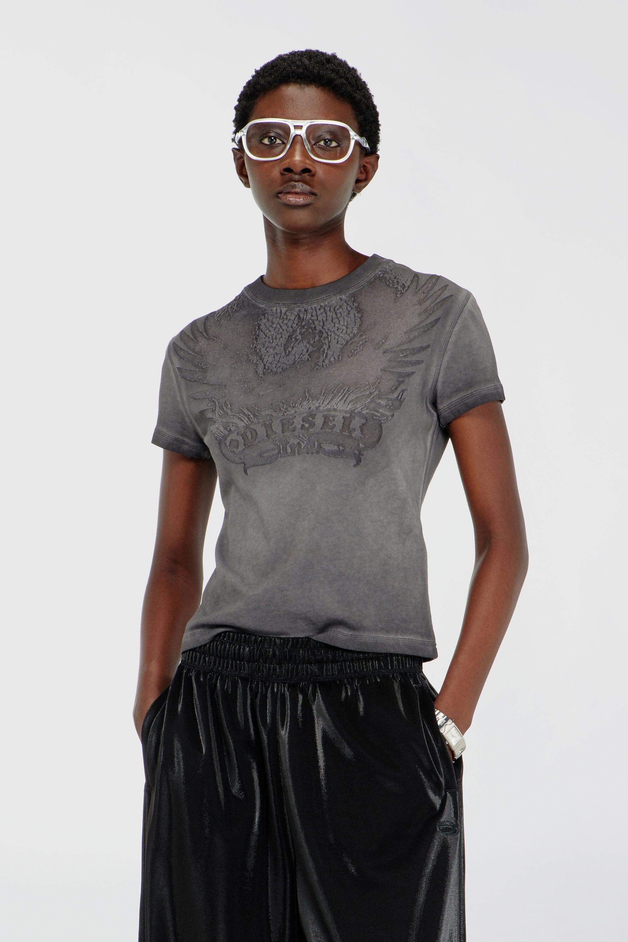 Diesel - T-ILA-AA7, Woman's Slim T-shirt with d&eacute;vor&eacute; Phoenix in Dark grey - 3