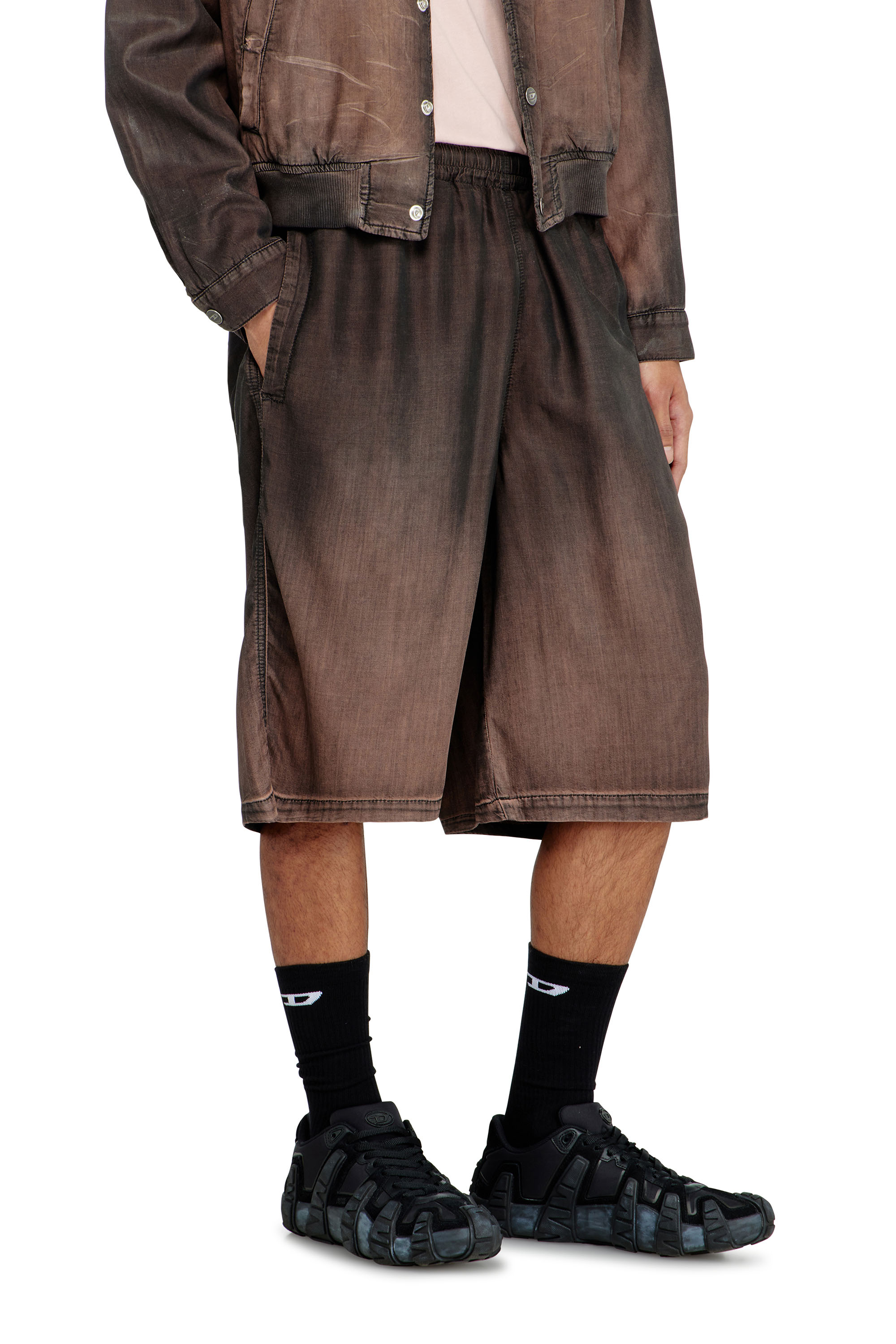 Diesel - D-RODER-SHORT-S, Unisex's Relaxed bermuda shorts in fluid coated denim in Dark Brown - 4