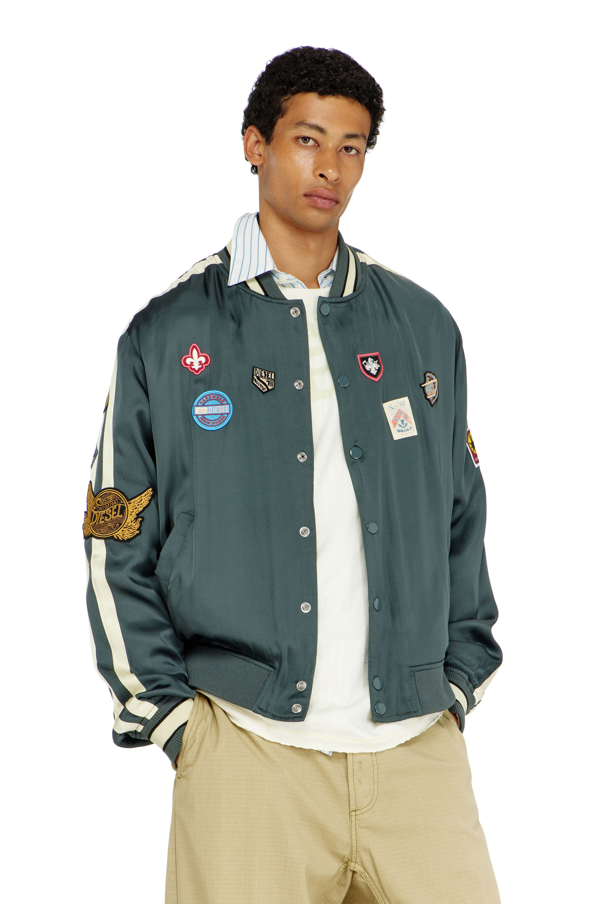 Diesel - J-ANNU, Man's Satin bomber jacket with patches in null - 2