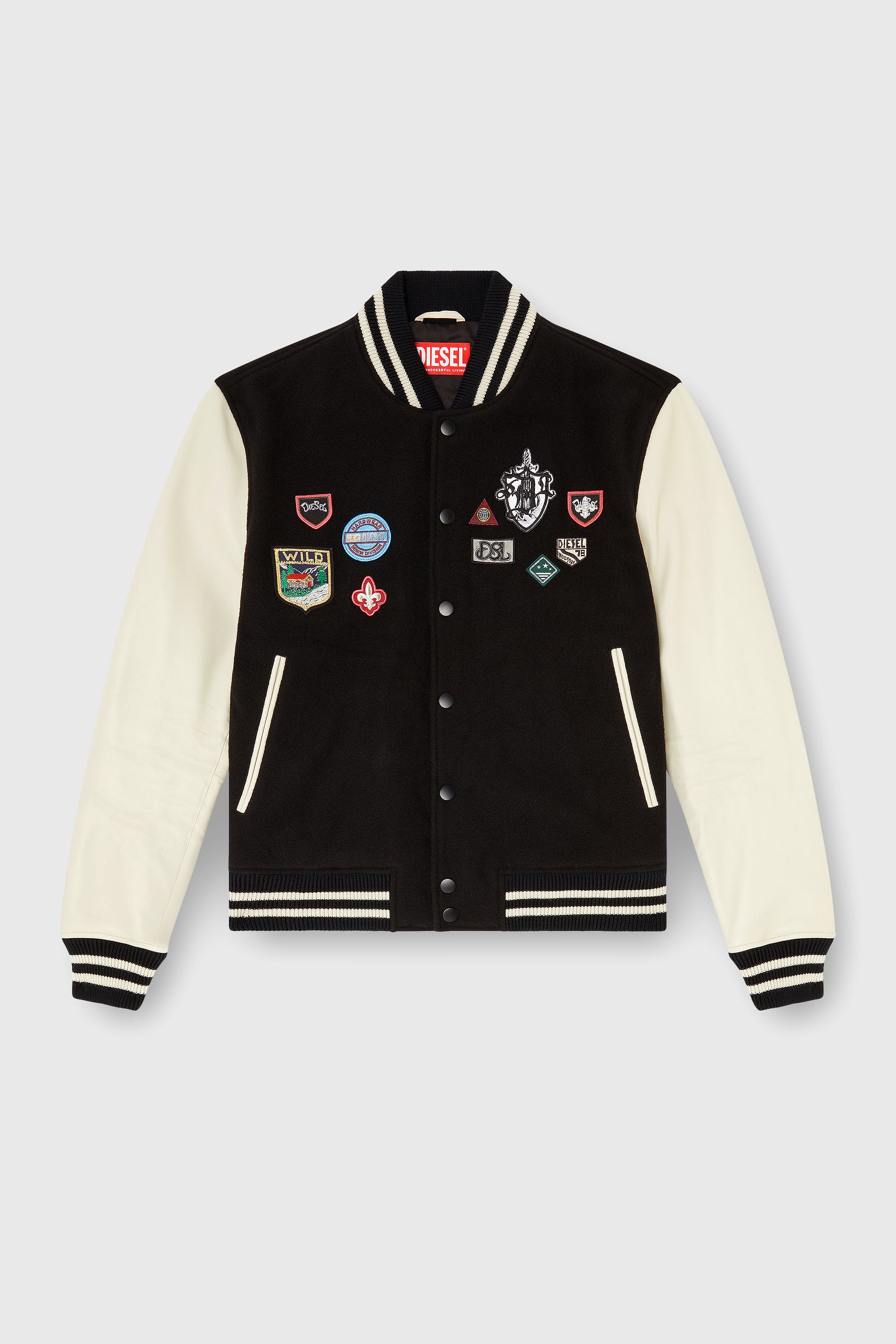 Diesel - L-ARRY-PATCH, Man's Wool and leather bomber jacket with patches in White/Black - 2