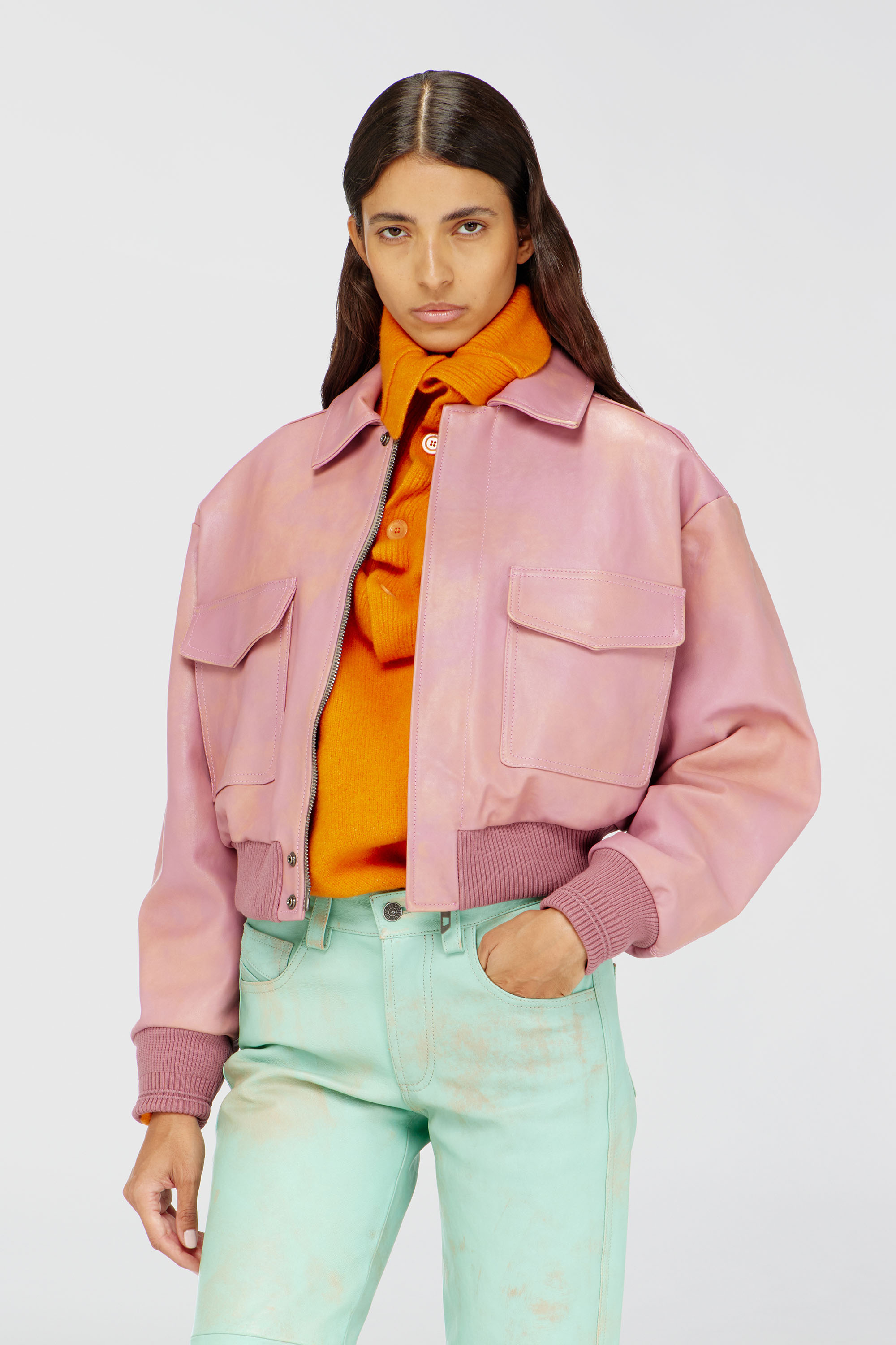 Diesel - L-AVIA, Woman's Aviator jacket in treated leather in Pink - 1