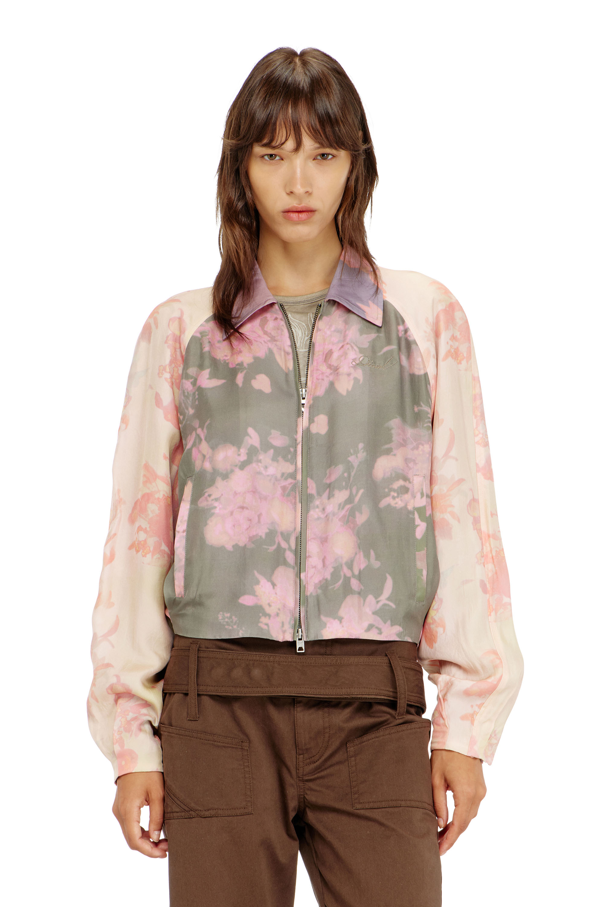 Diesel - G-ALENA, Woman's Floral bomber jacket in crinkled acetate in Green/Pink - 1