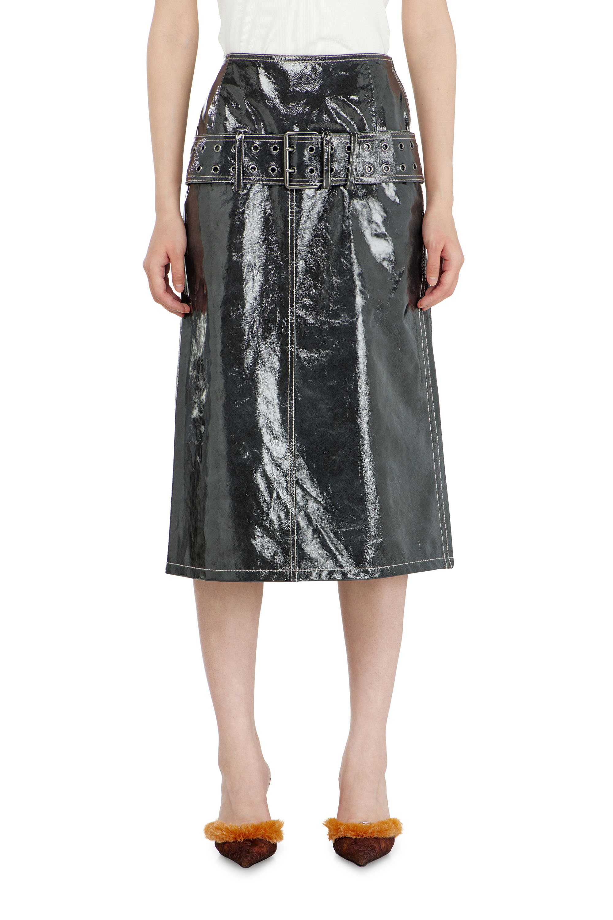 Diesel - L-ASCAR, Woman's Patent-leather midi skirt with belt in Dark grey - 2