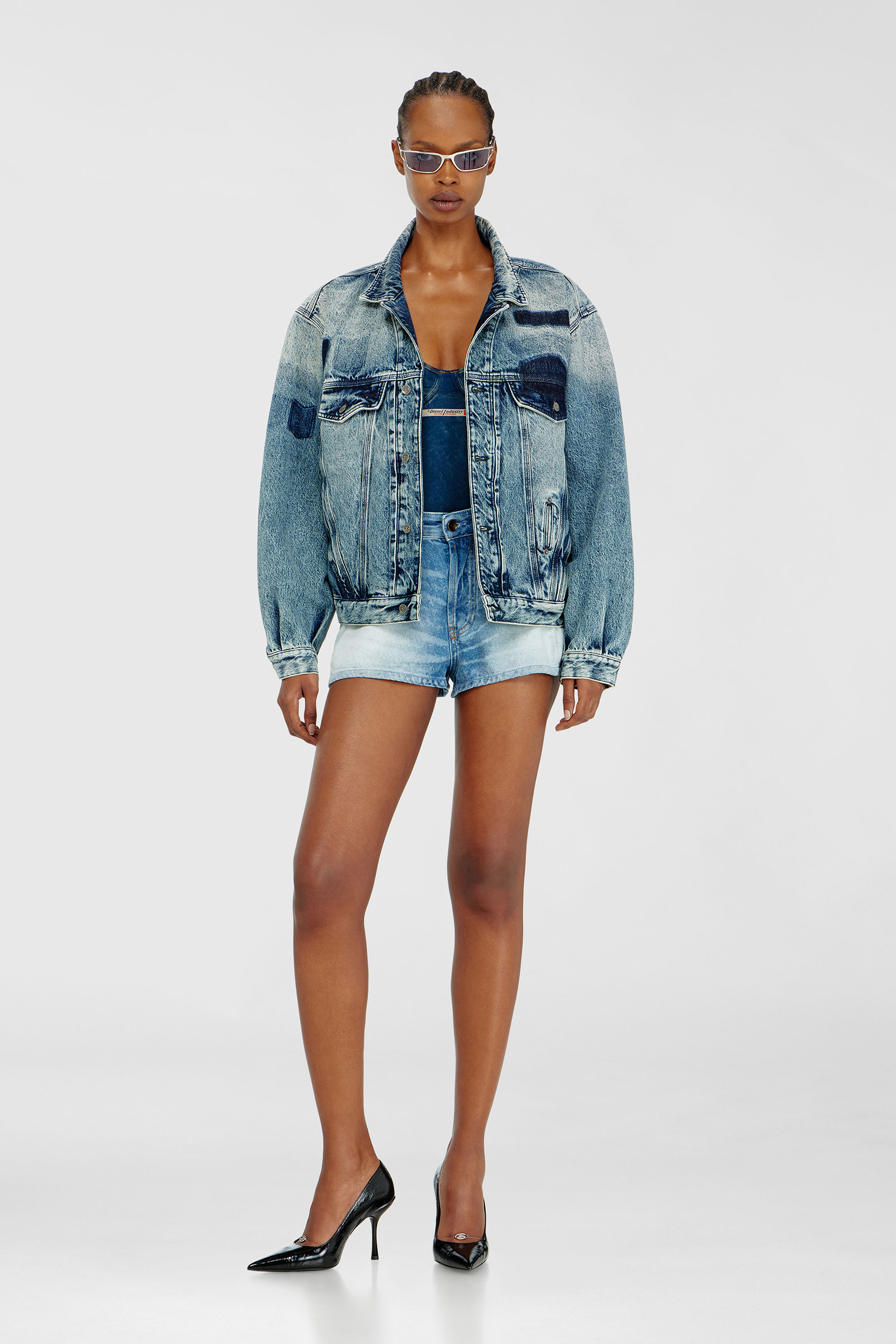 Diesel - D-DENVER-S2, Unisex's Trucker jacket with patch effects in Medium blue - 2