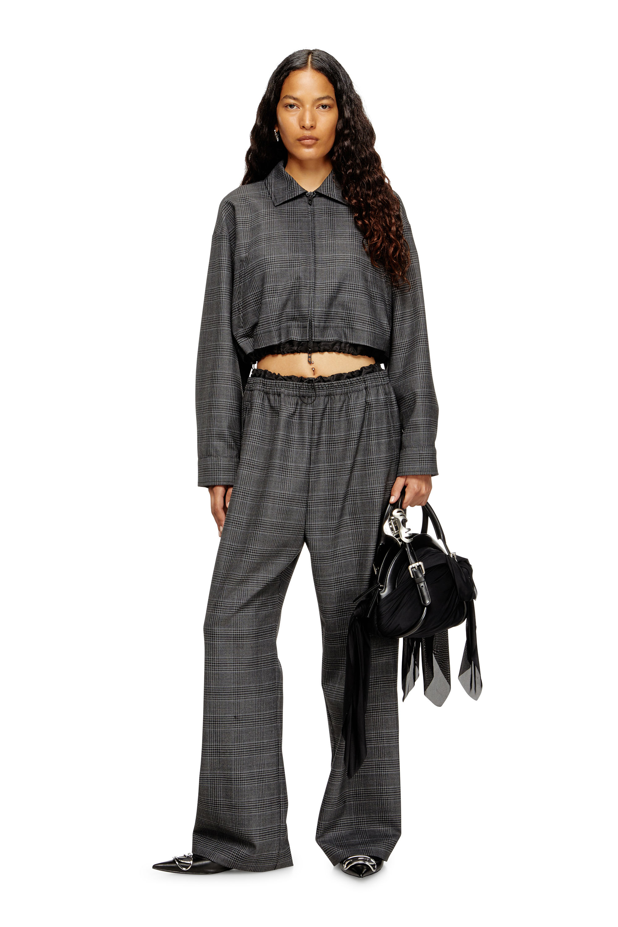 Diesel - J-TING-FEM, Woman's Cropped Prince of Wales wool-blend coach jacket in Black - 1