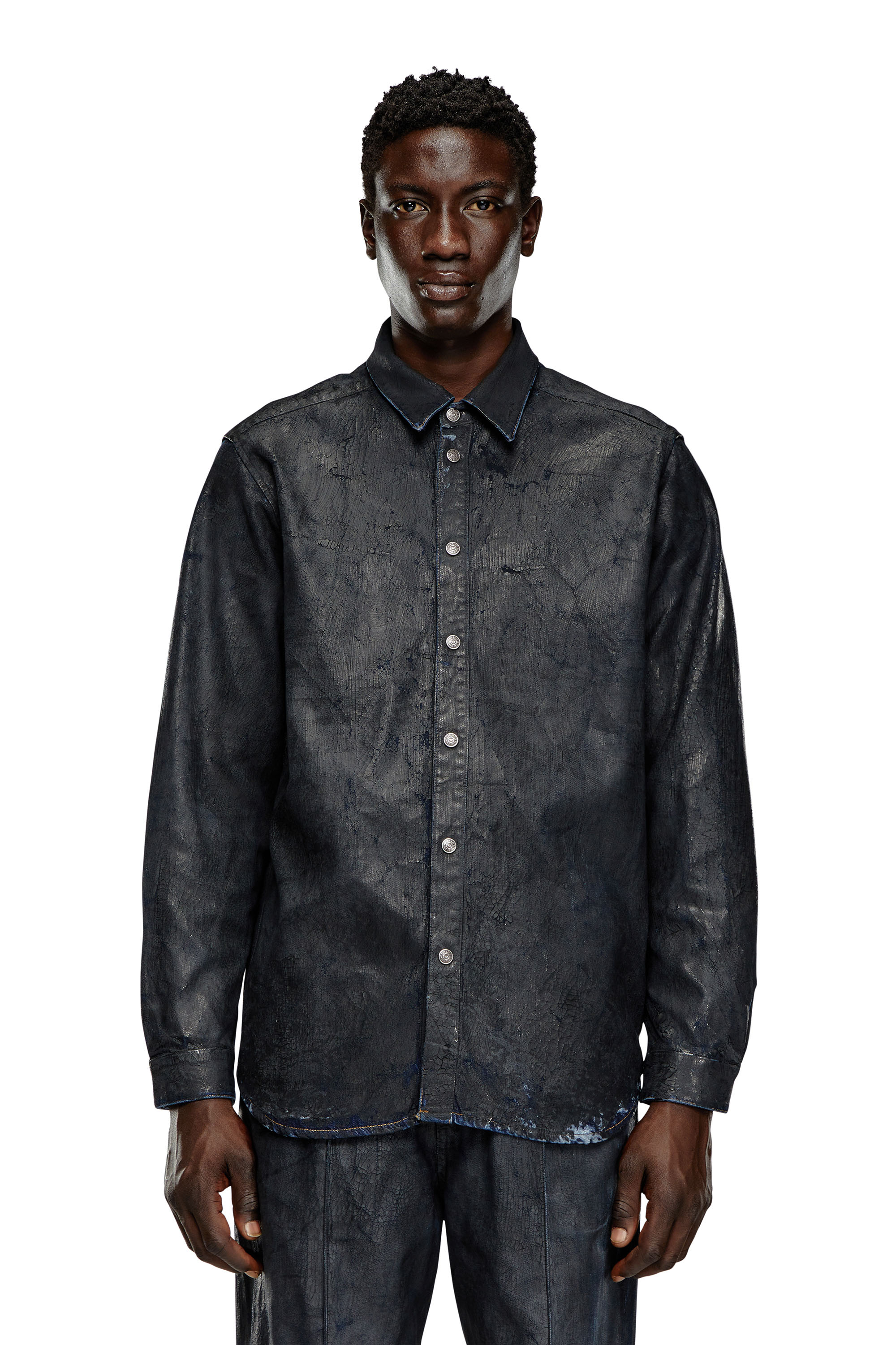Diesel - D-SIMPLY-FSE, Man Denim shirt with craquelé coating in Black - Image 1