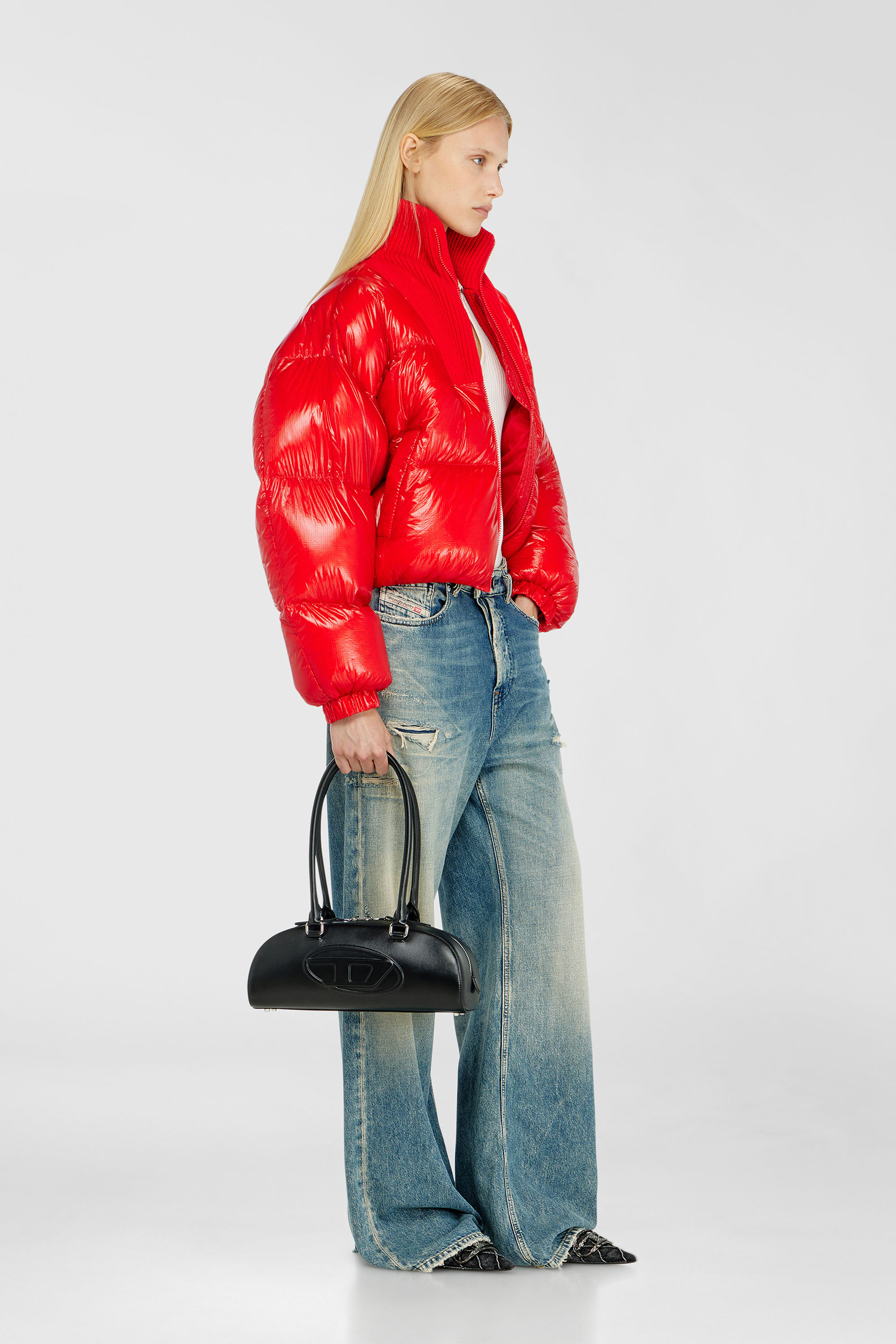 Diesel - W-ARRIOR, Woman's Down puffer jacket in ripstop with knitted collar in Red - 2