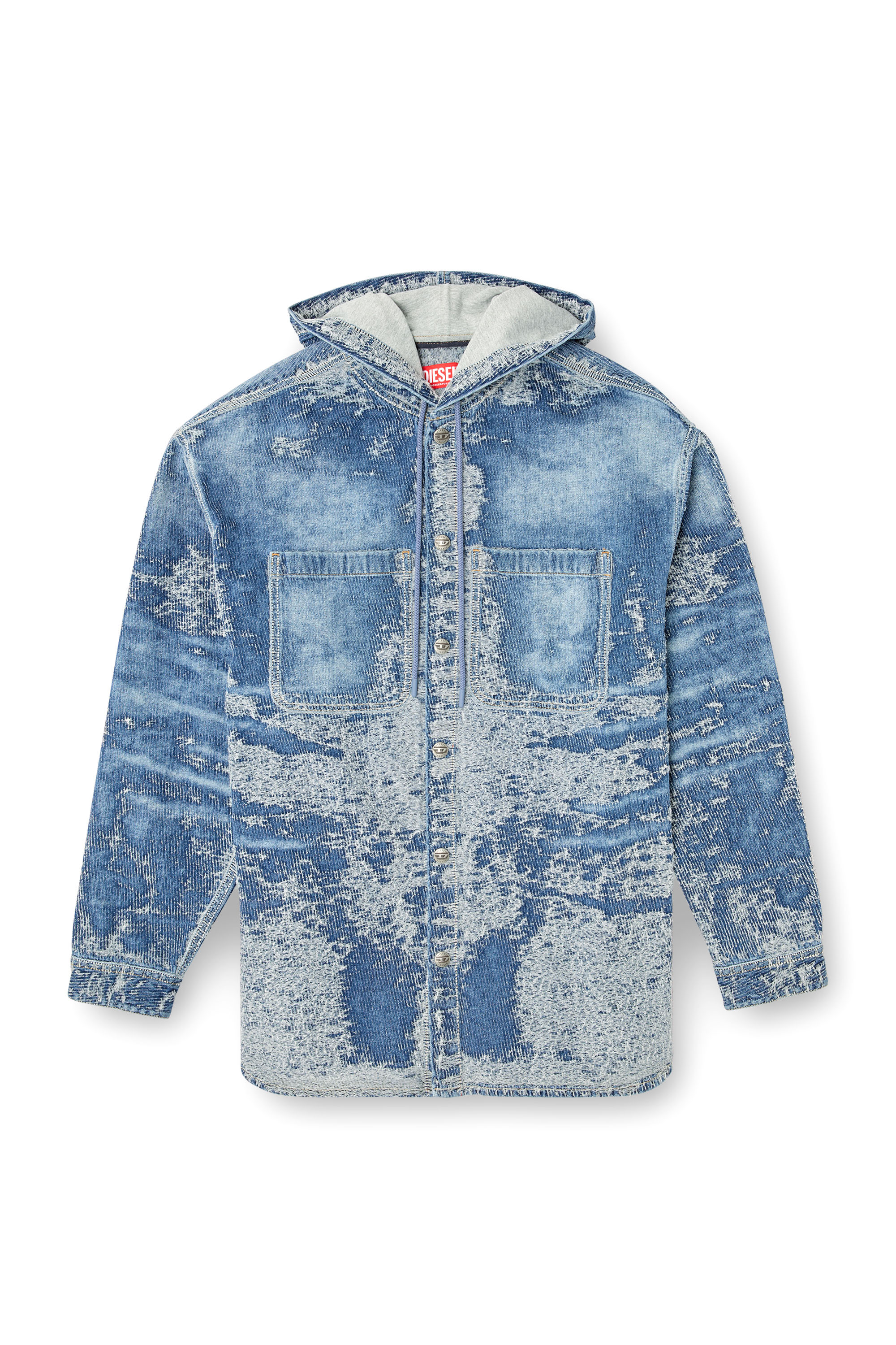 Diesel - D-DEWNYS-HOOD-S, Man's Overshirt in distressed jacquard denim in Medium blue - 3