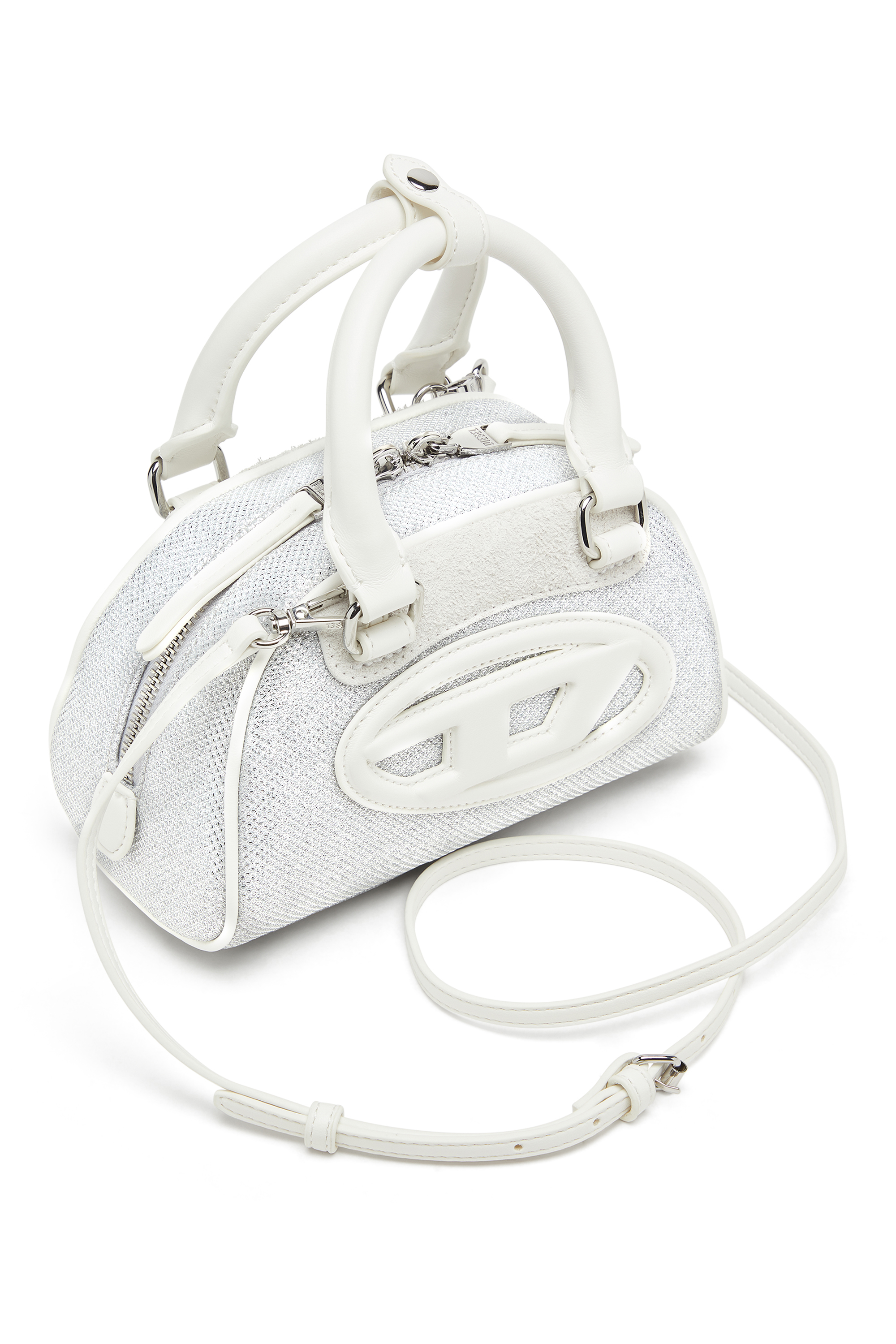 Diesel - 1DR DOME CROSSBODY, Woman's 1DR Dome-Mini bowling bag in lurex fabric in White/Grey - 5