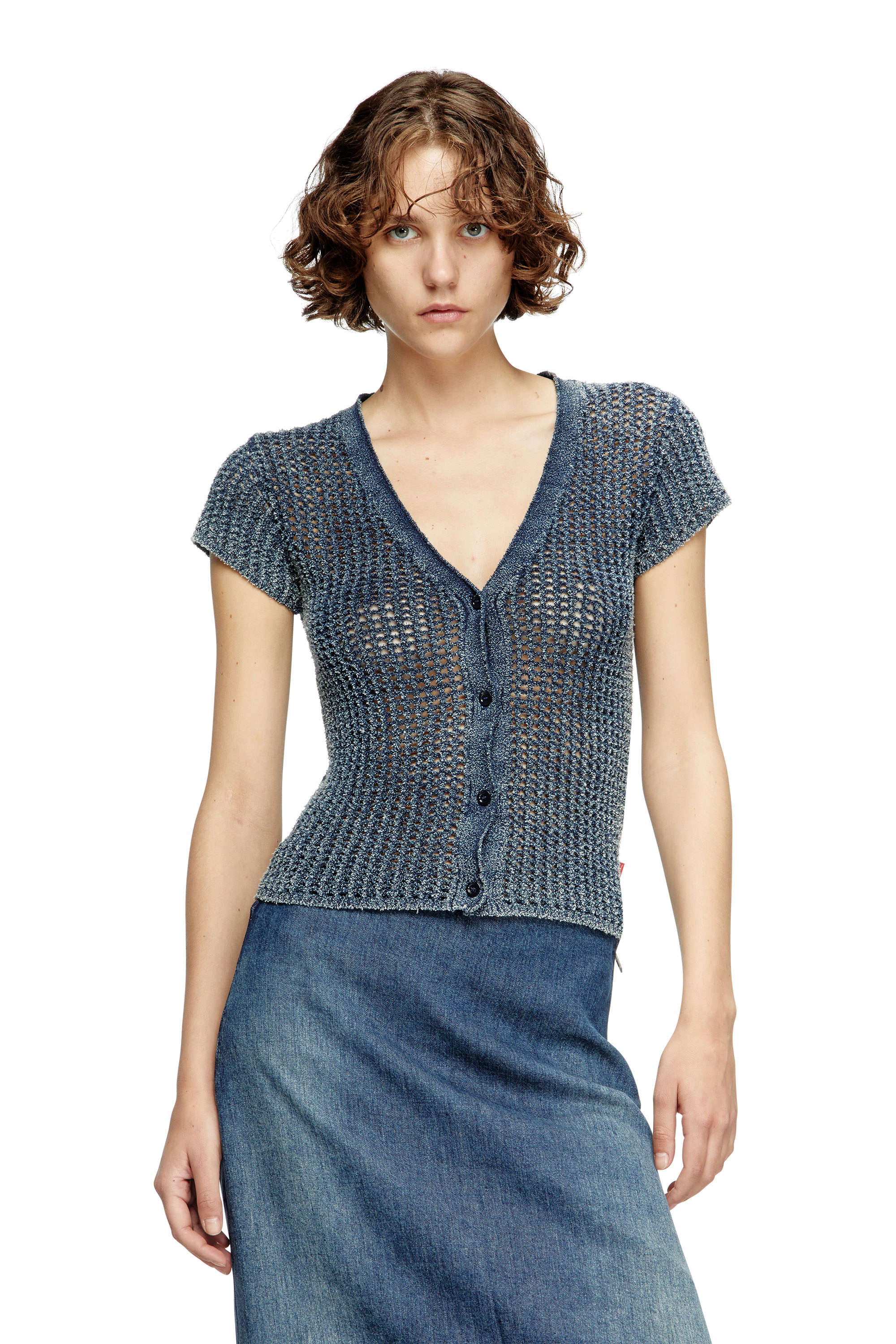 Diesel - M-REZ, Woman's Short-sleeve cardigan in denim mesh knit in Medium blue - 3
