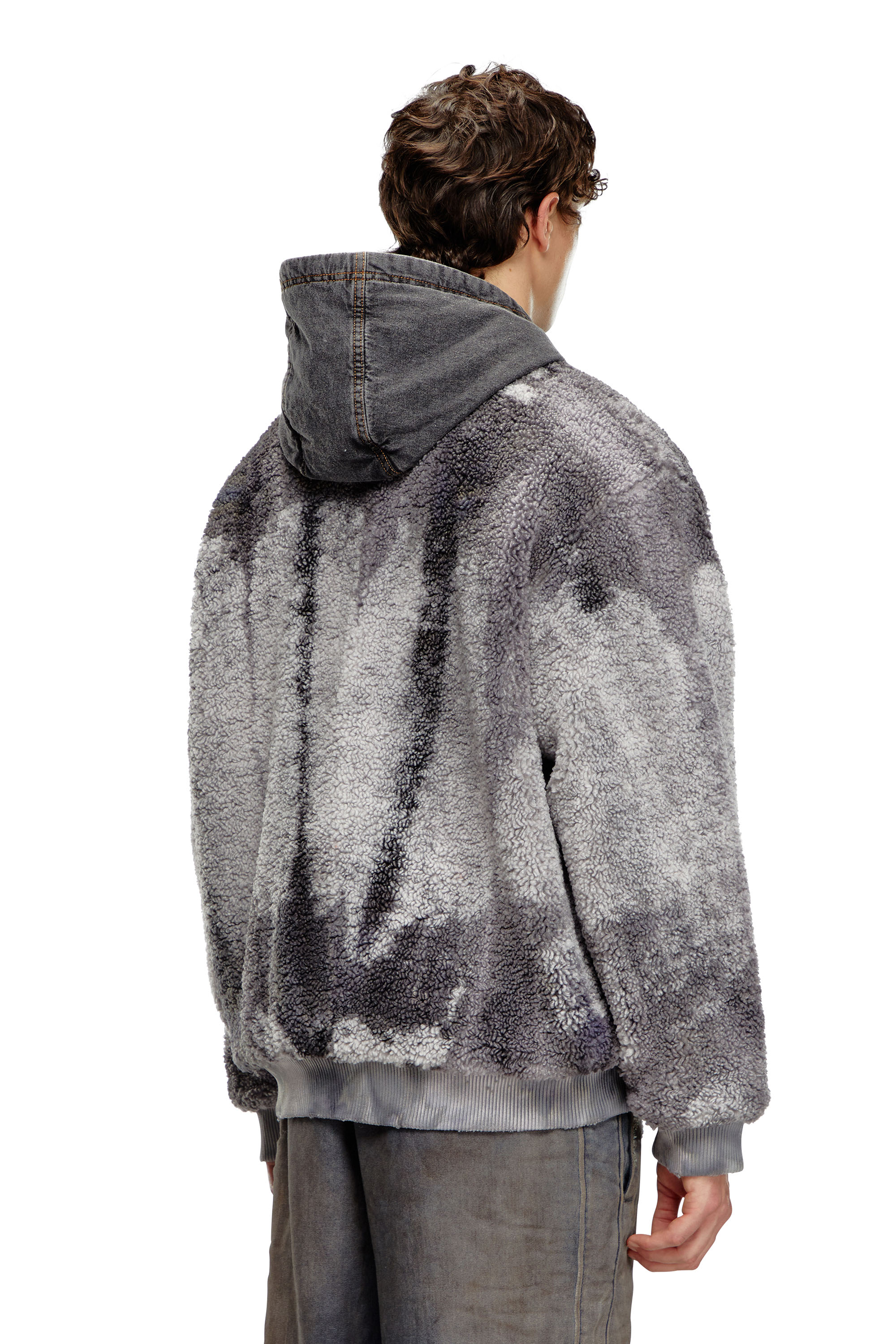 Diesel - S-DEPLA, Man's Tie-dyed teddy jacket with denim hood in Grey - 4