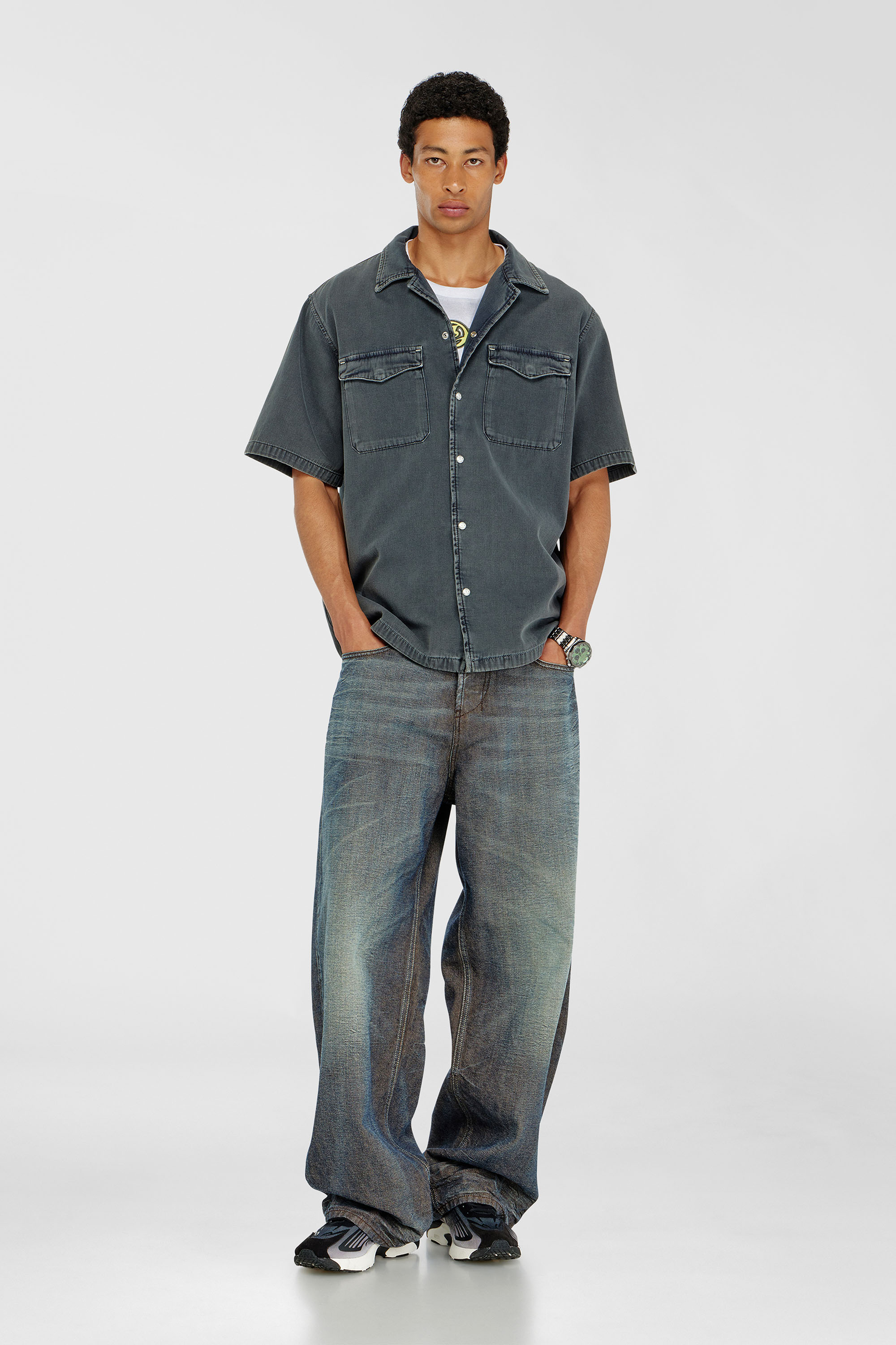 Diesel - D-NABIL-P, Man's Bowling shirt in coloured denim in Dark grey - 1