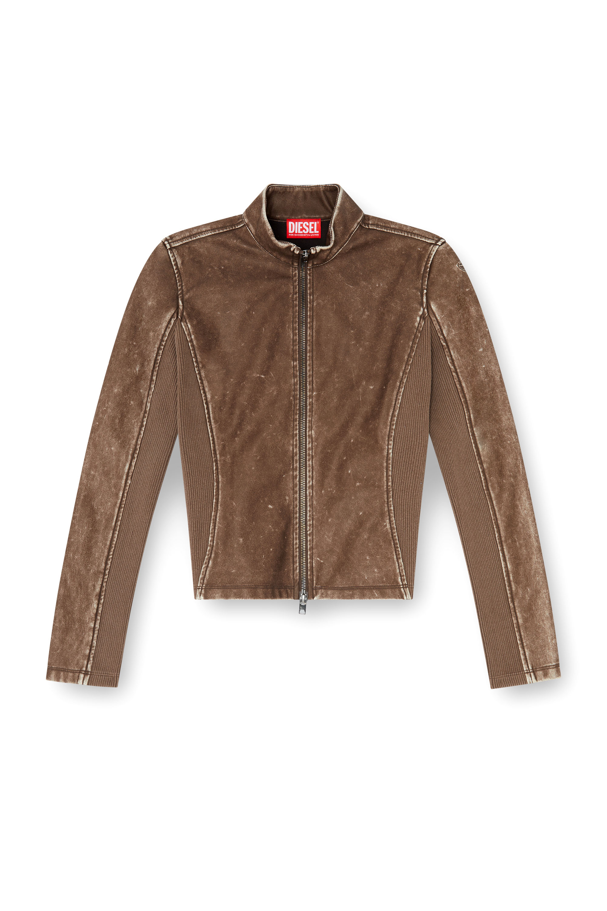 Diesel - T-HUNDER, Woman's Biker jacket with rib-knit inserts in Brown - 3