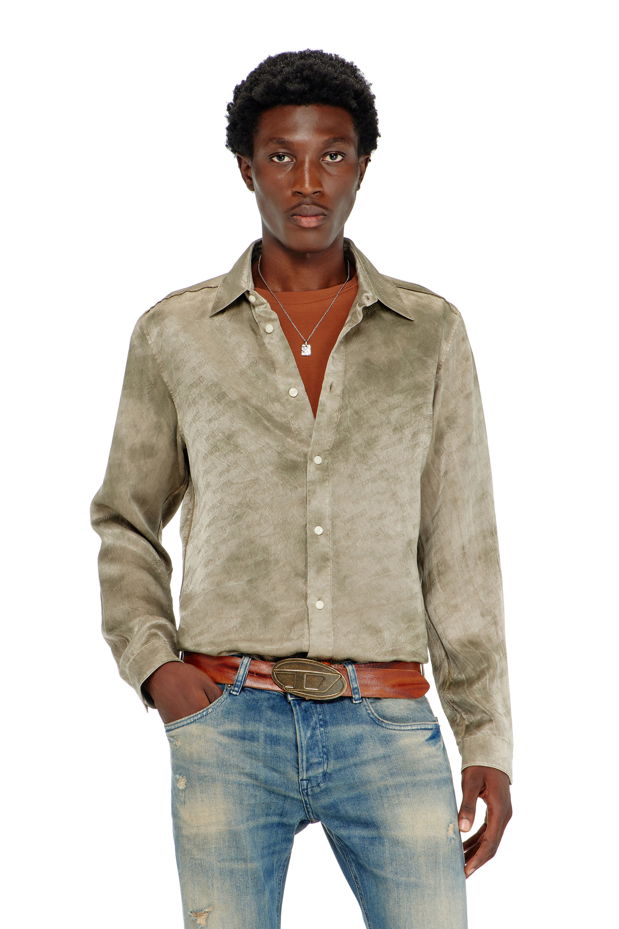 Diesel - S-KISSY-HNBW, Man's Shirt in logo-jacquard crinkled satin in Light Brown - 1
