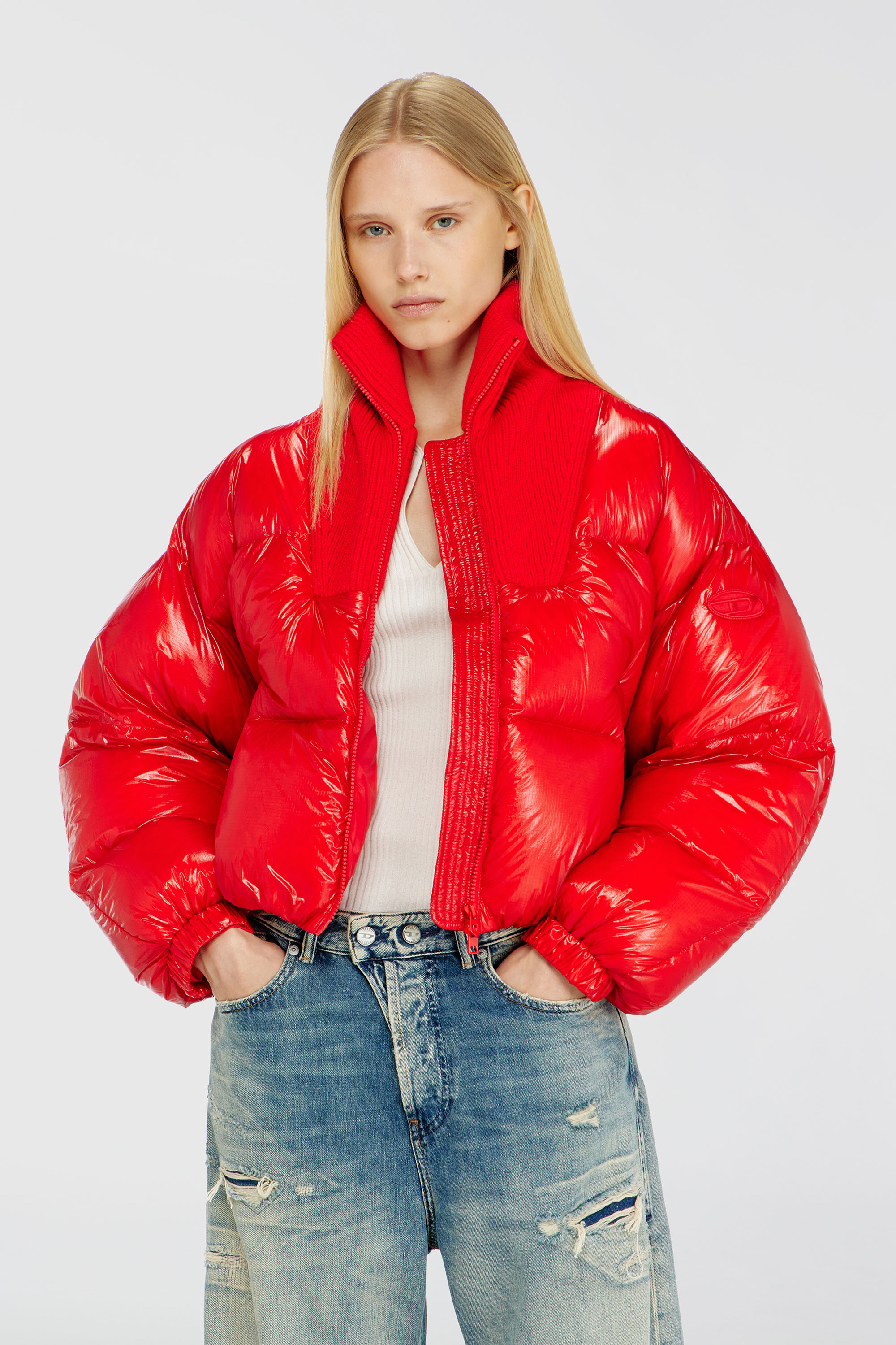 Diesel - W-ARRIOR, Woman's Down puffer jacket in ripstop with knitted collar in Red - 1