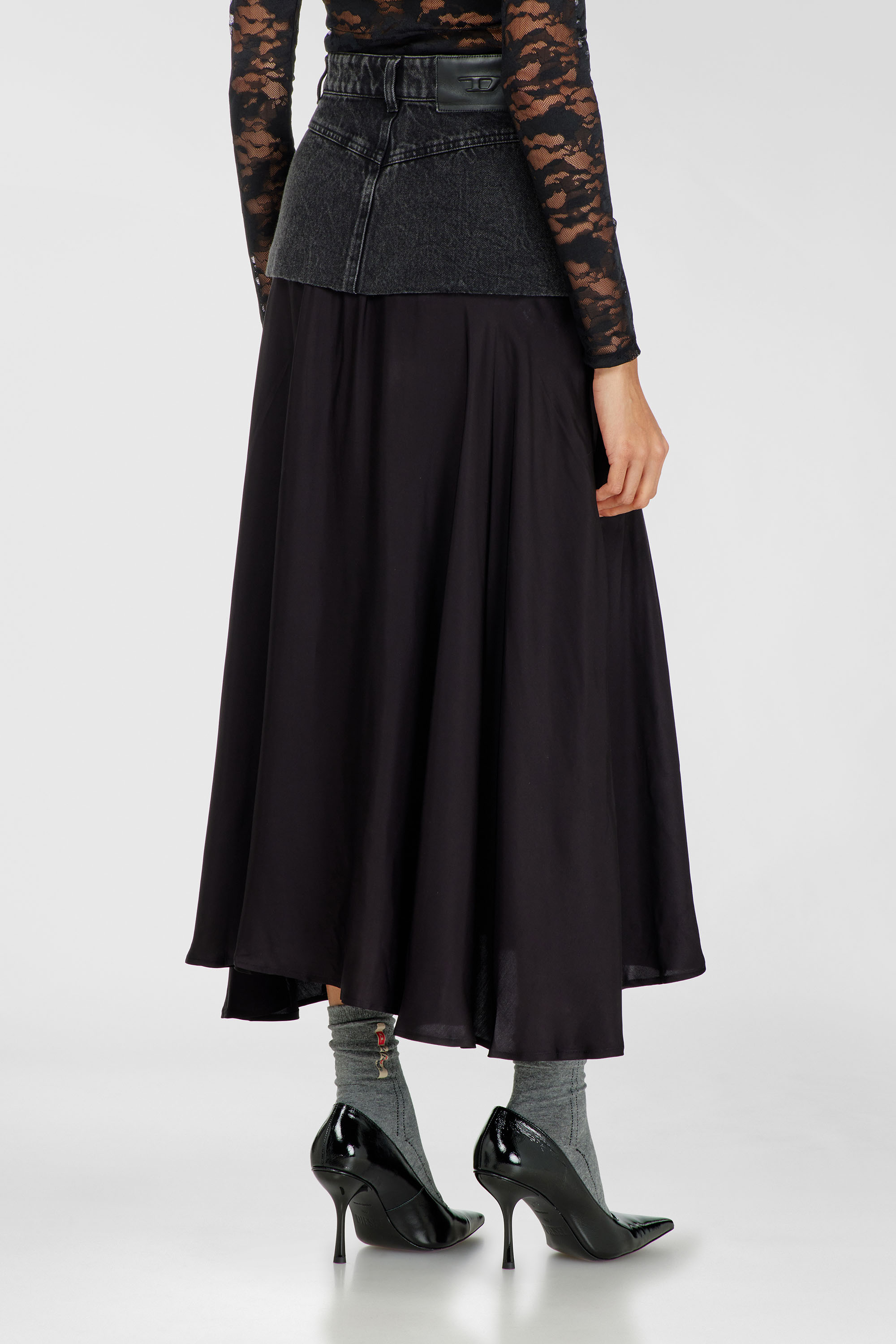 Diesel - O-RIONE, Woman's Midi skirt with denim-satin sections in Black - 4