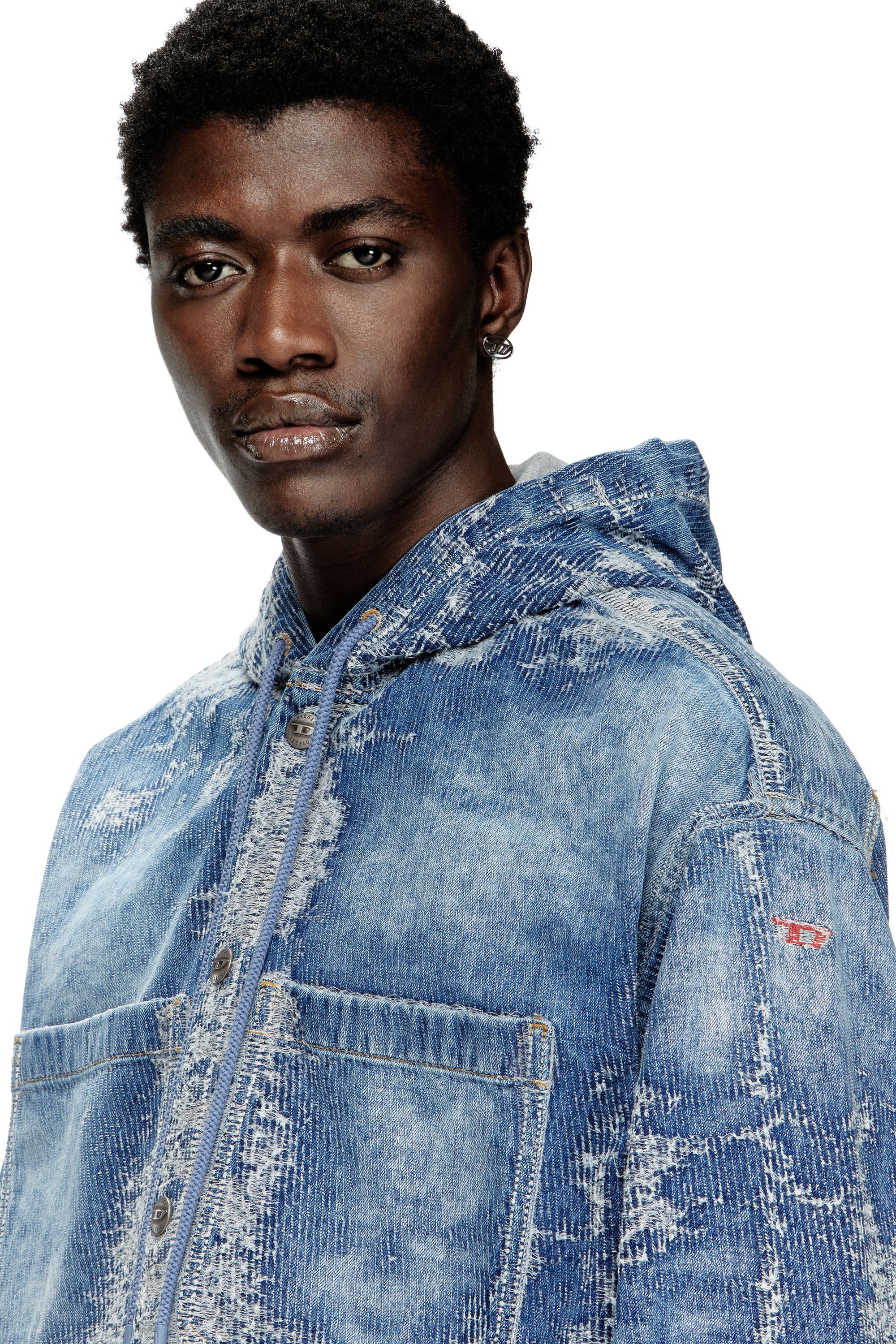 Diesel - D-DEWNYS-HOOD-S, Man's Overshirt in distressed jacquard denim in Medium blue - 4