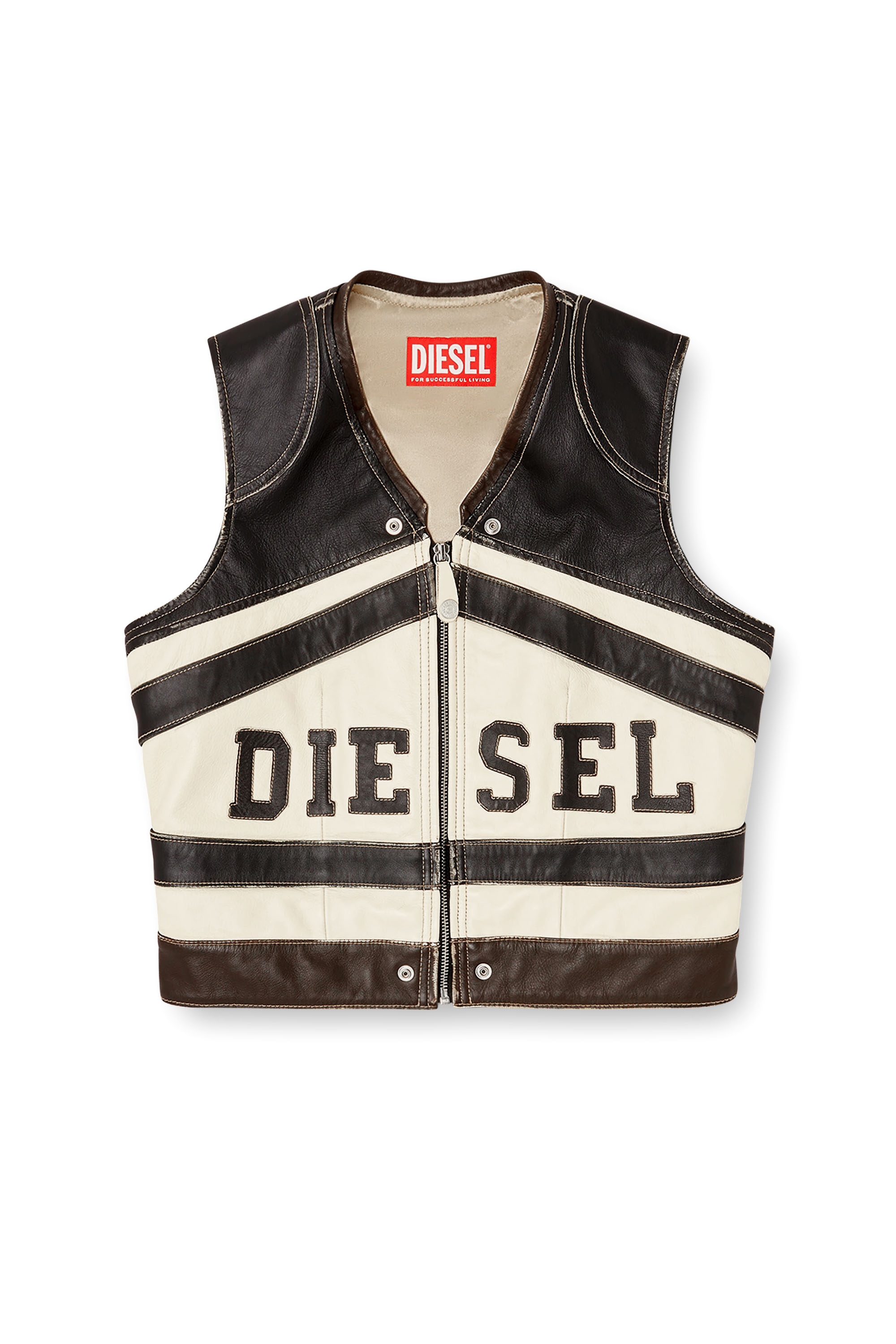 Diesel - L-FLYCOU-20TH, Woman's Leather vest with front logo and contrast stripes in Black/White - 3