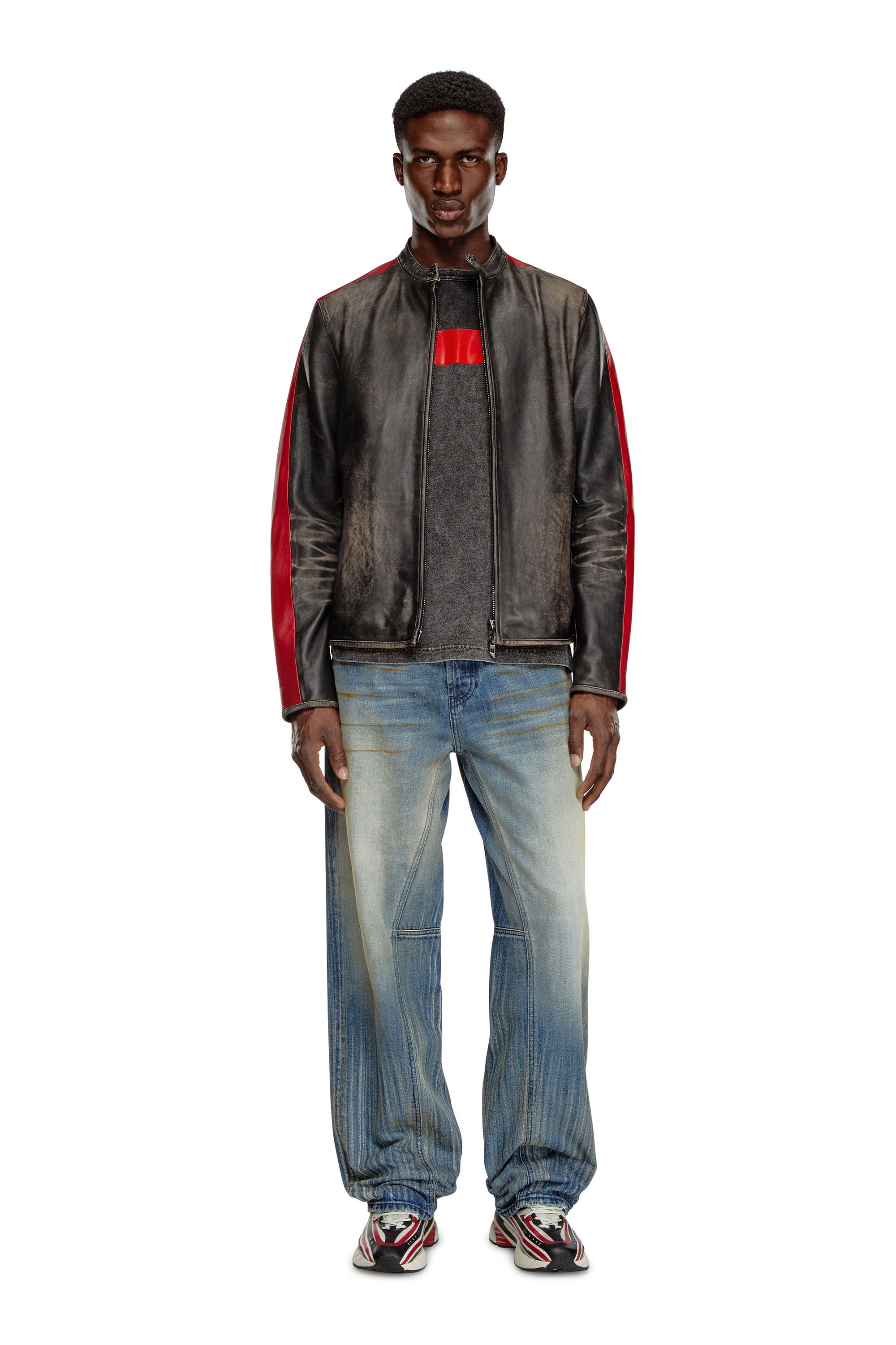 Diesel - L-RENN, Man Leather jacket with contrasting stripes in Multicolor - Image 2