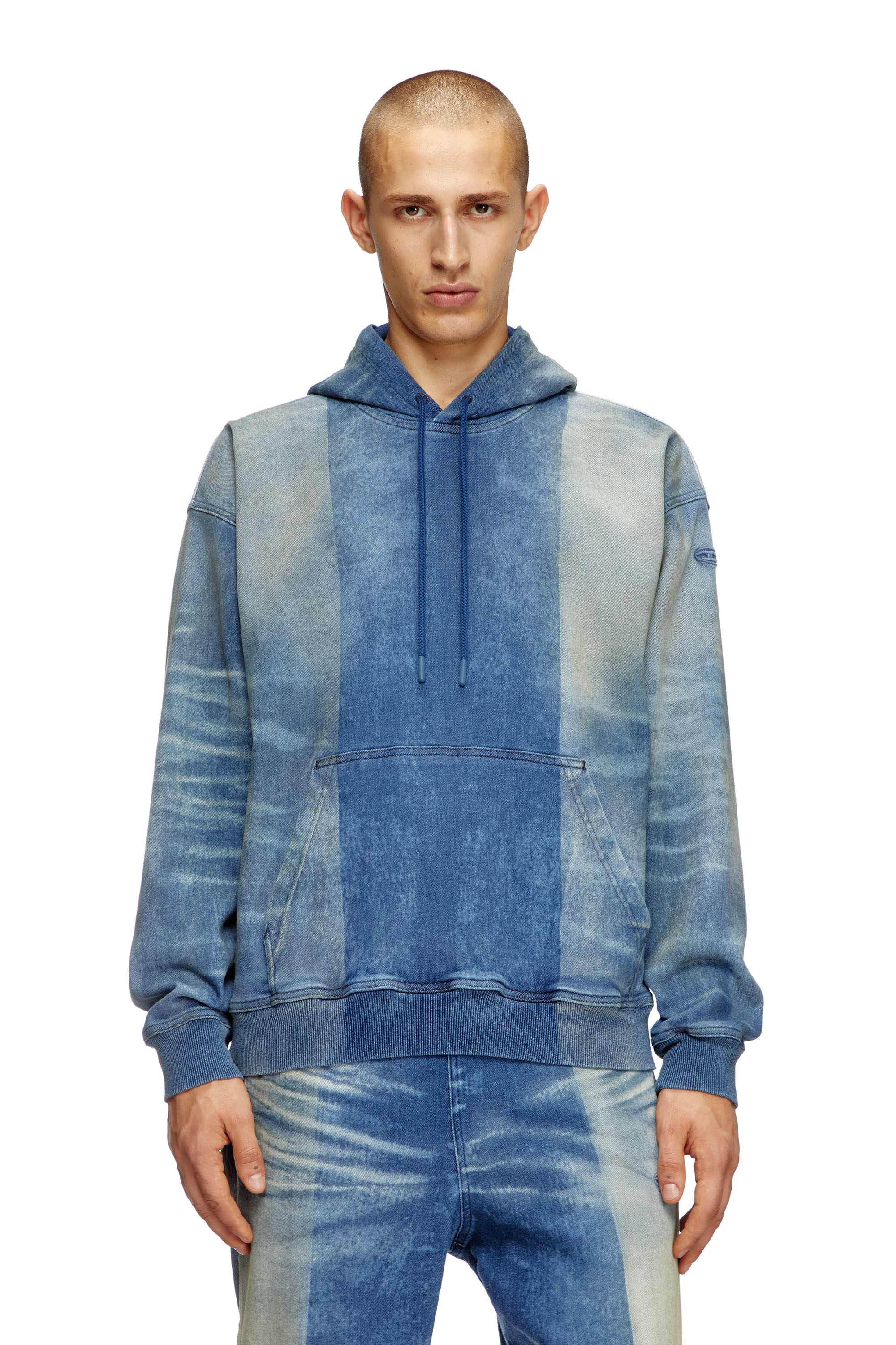 Diesel - D-UM-RIB-FSF TRACK, Unisex's Hoodie in Track Denim with solarised folds in Medium blue - 1