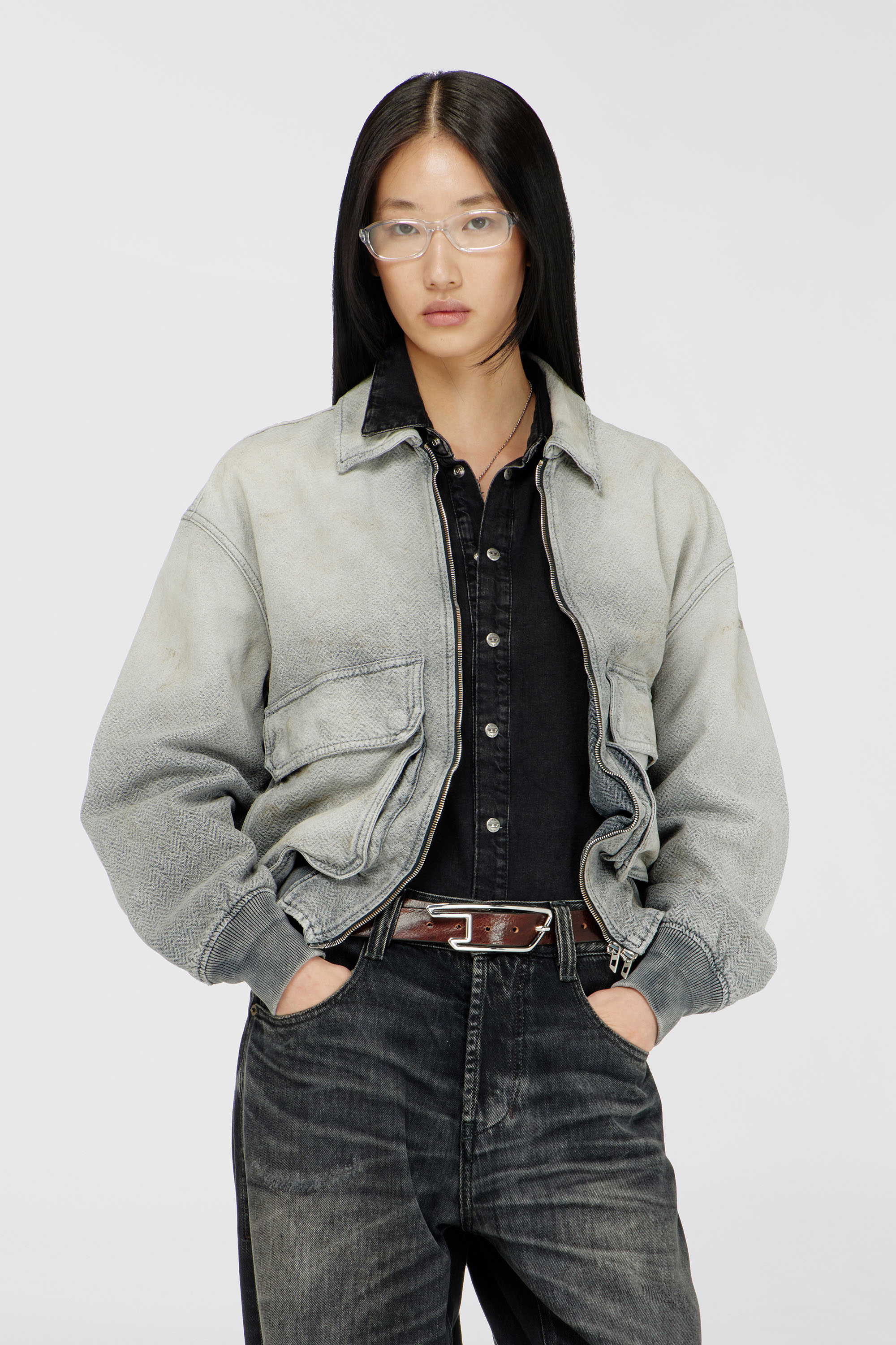 Diesel - D-KURZ, Unisex's Jacket in distressed herringbone denim in Light Grey - 1