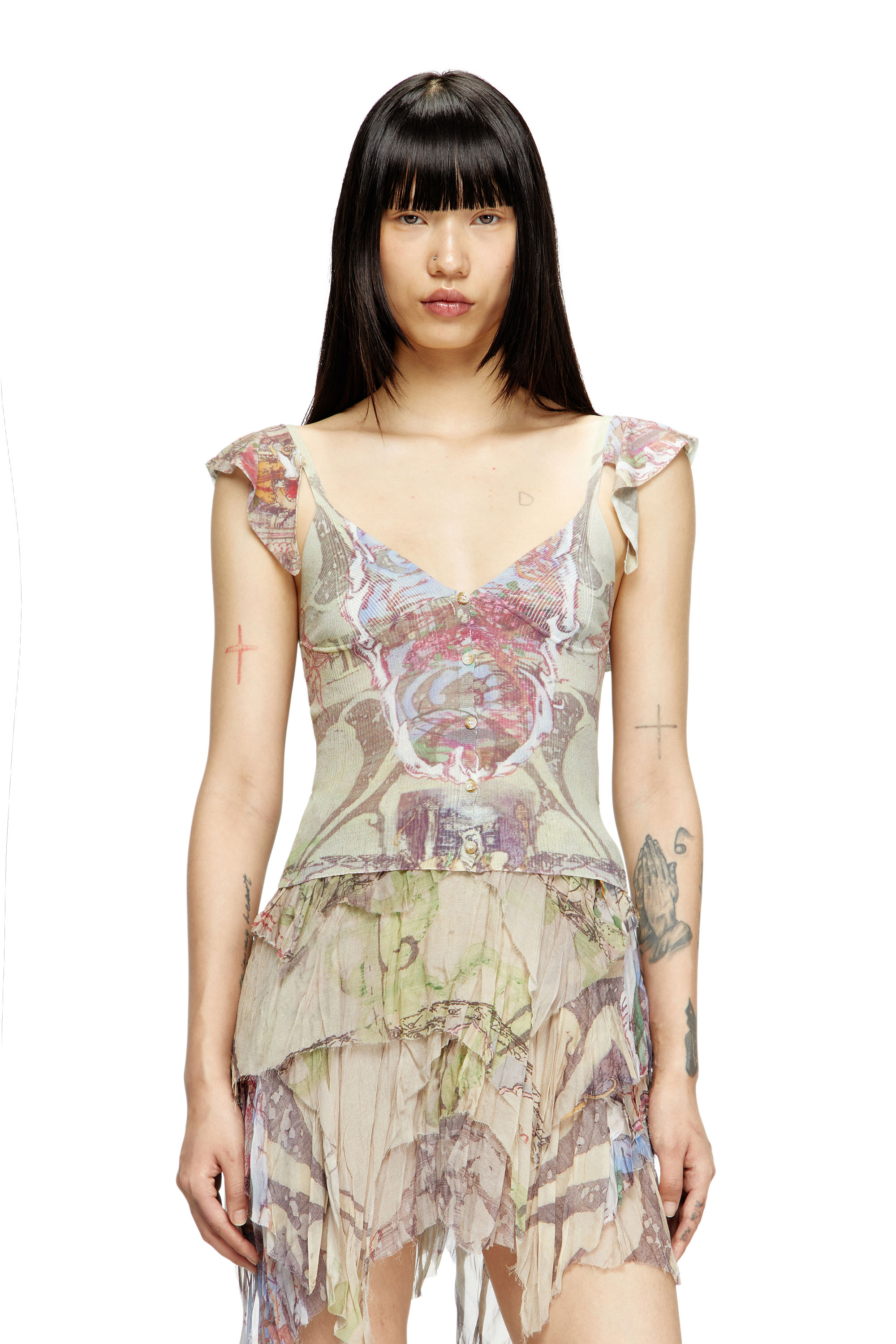 Diesel - M-FIORE, Woman's Ruffle-shoulder knit top with medieval print in Beige - 3