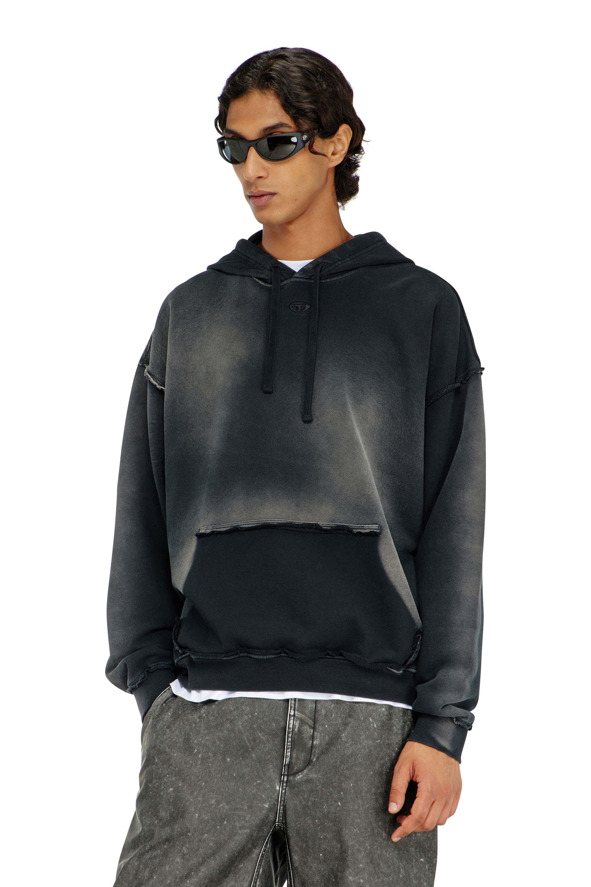 Diesel - S-POCK-HOOD, Man's Faded cotton hoodie with frayed details in Black - 3