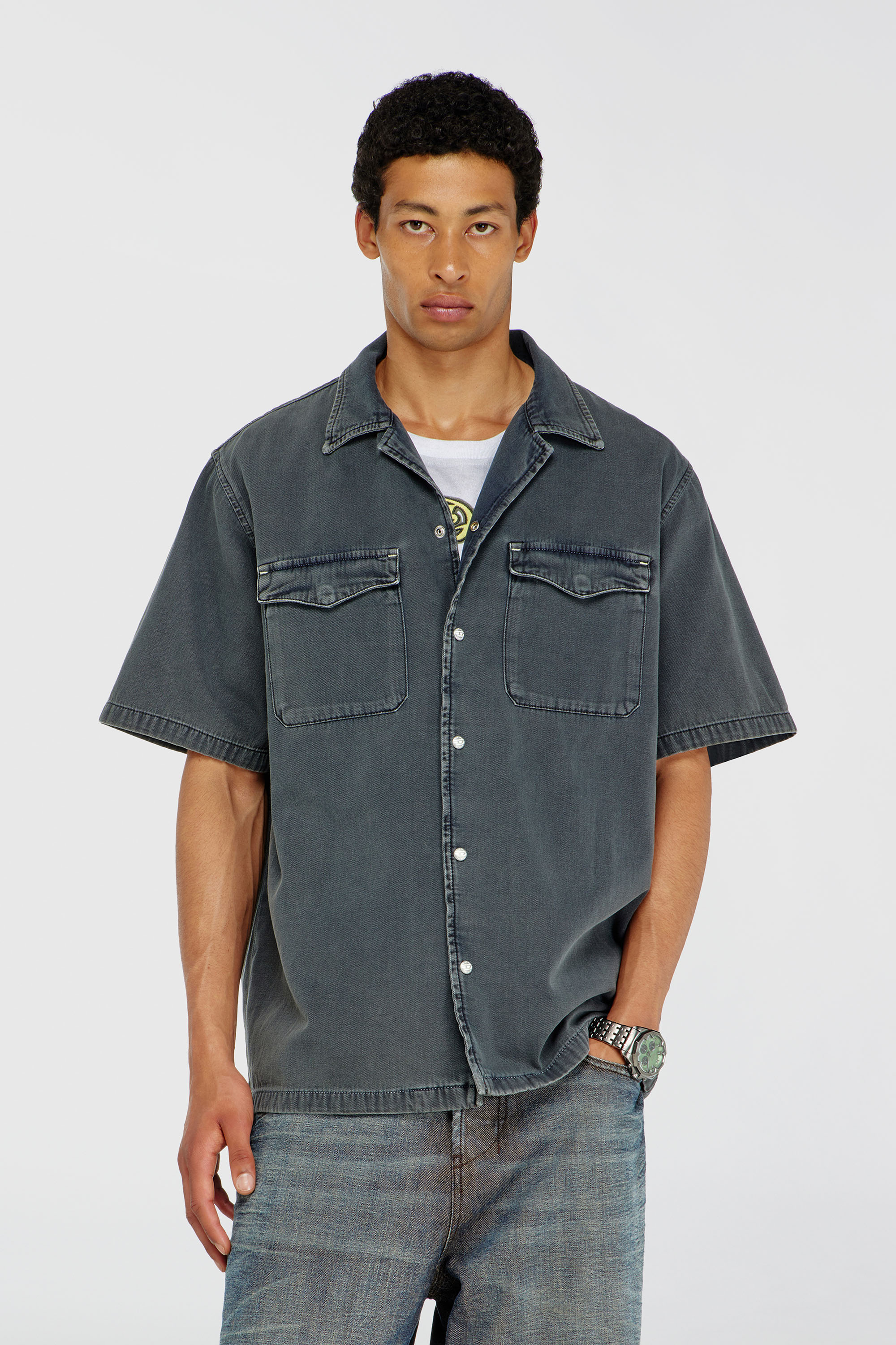 Diesel - D-NABIL-P, Man's Bowling shirt in coloured denim in Dark grey - 3