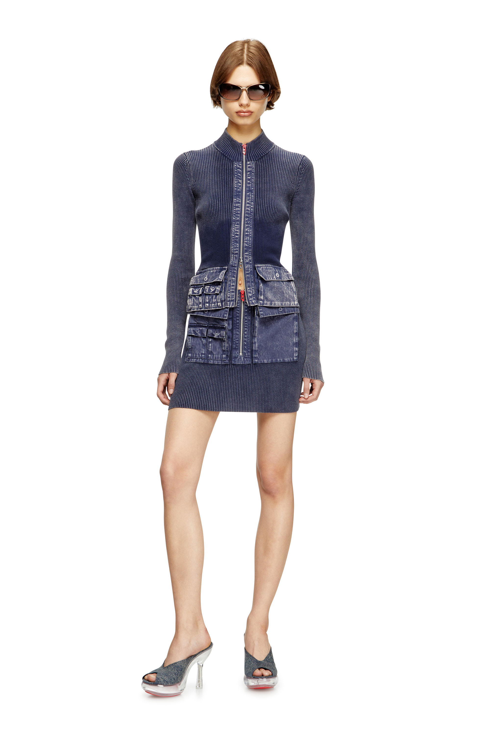 Diesel - M-MELISSA, Woman's Zip-up cardigan with denim cargo pockets in Dark Blue - 1