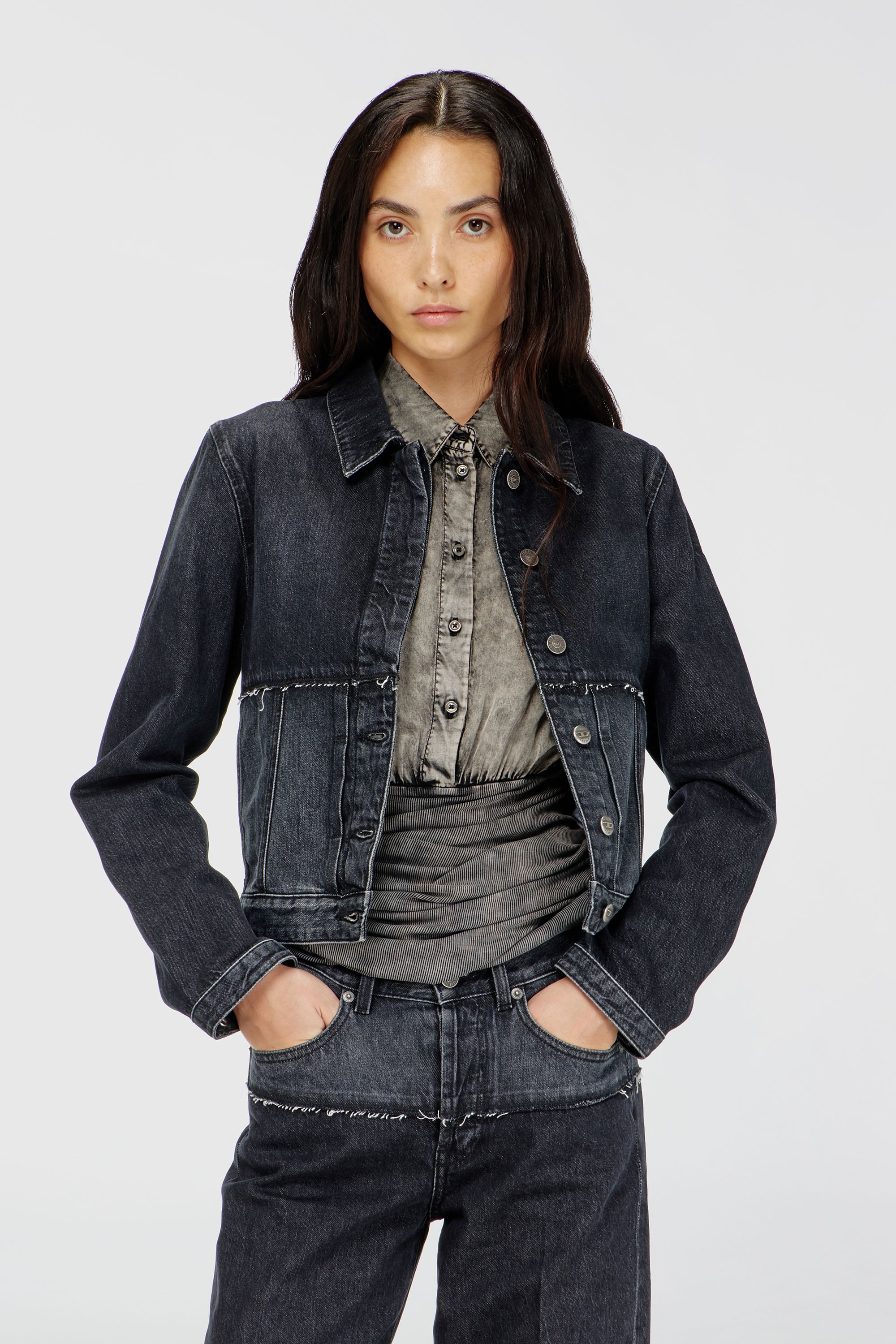 Diesel - DE-KATO-SE, Woman's Jacket in sectioned denim in Black/Dark grey - 1