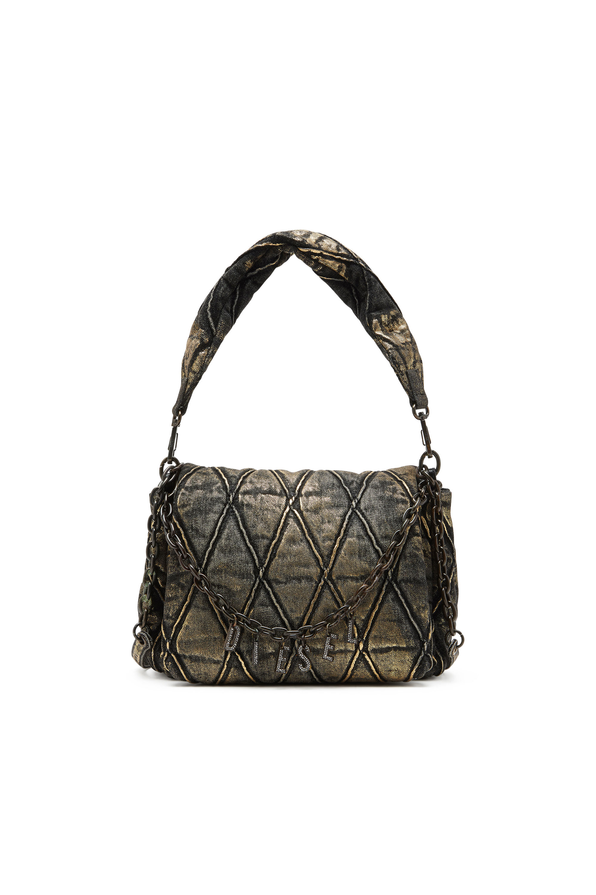 Diesel - CHARM-D SHOULDER M, Woman's Charm-D M-Shoulder bag in metallic quilted denim in Black/Gold - 1