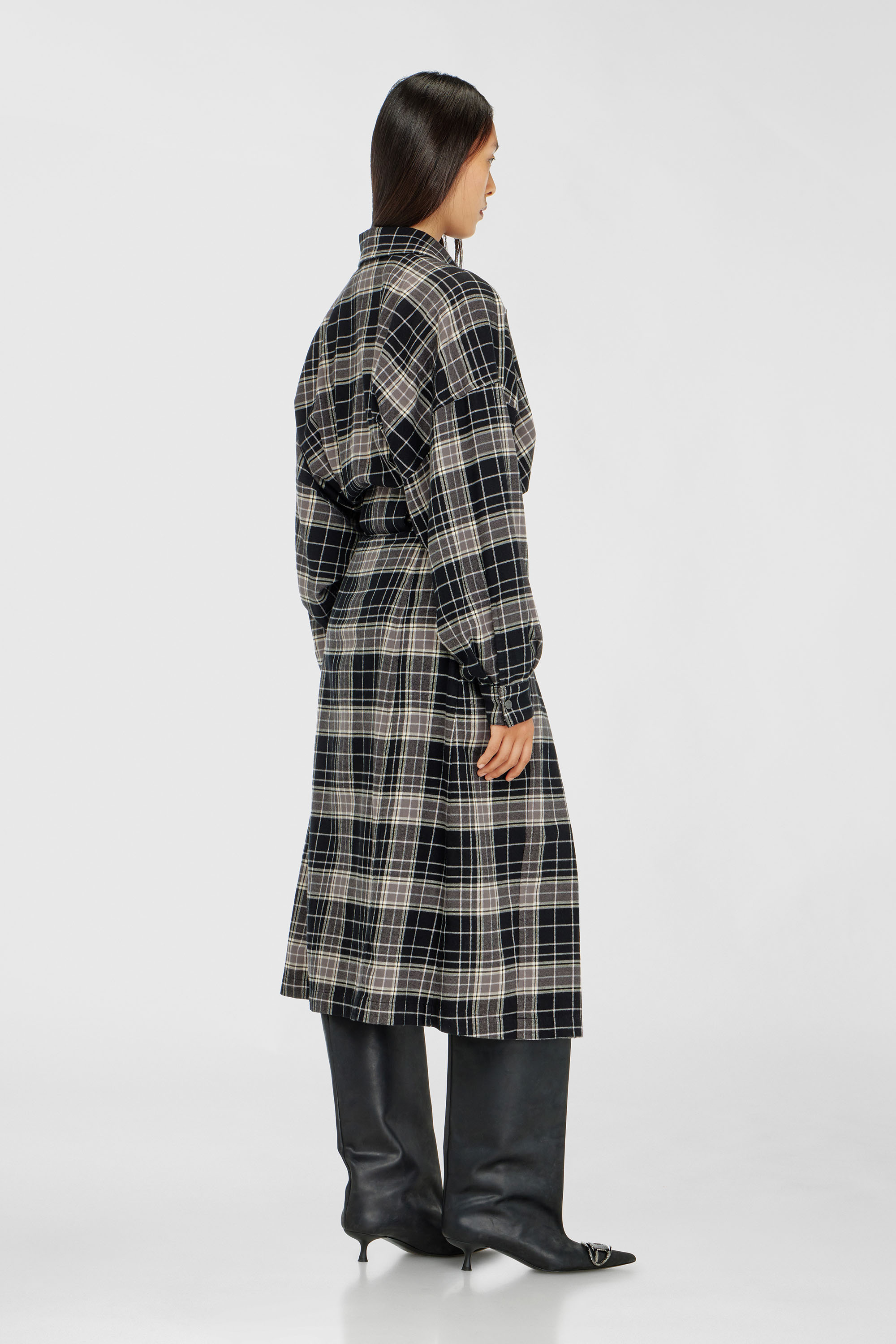 Diesel - D-EDALUS, Woman's Midi dress in check flannel with wide belt in Grey/Black - 4