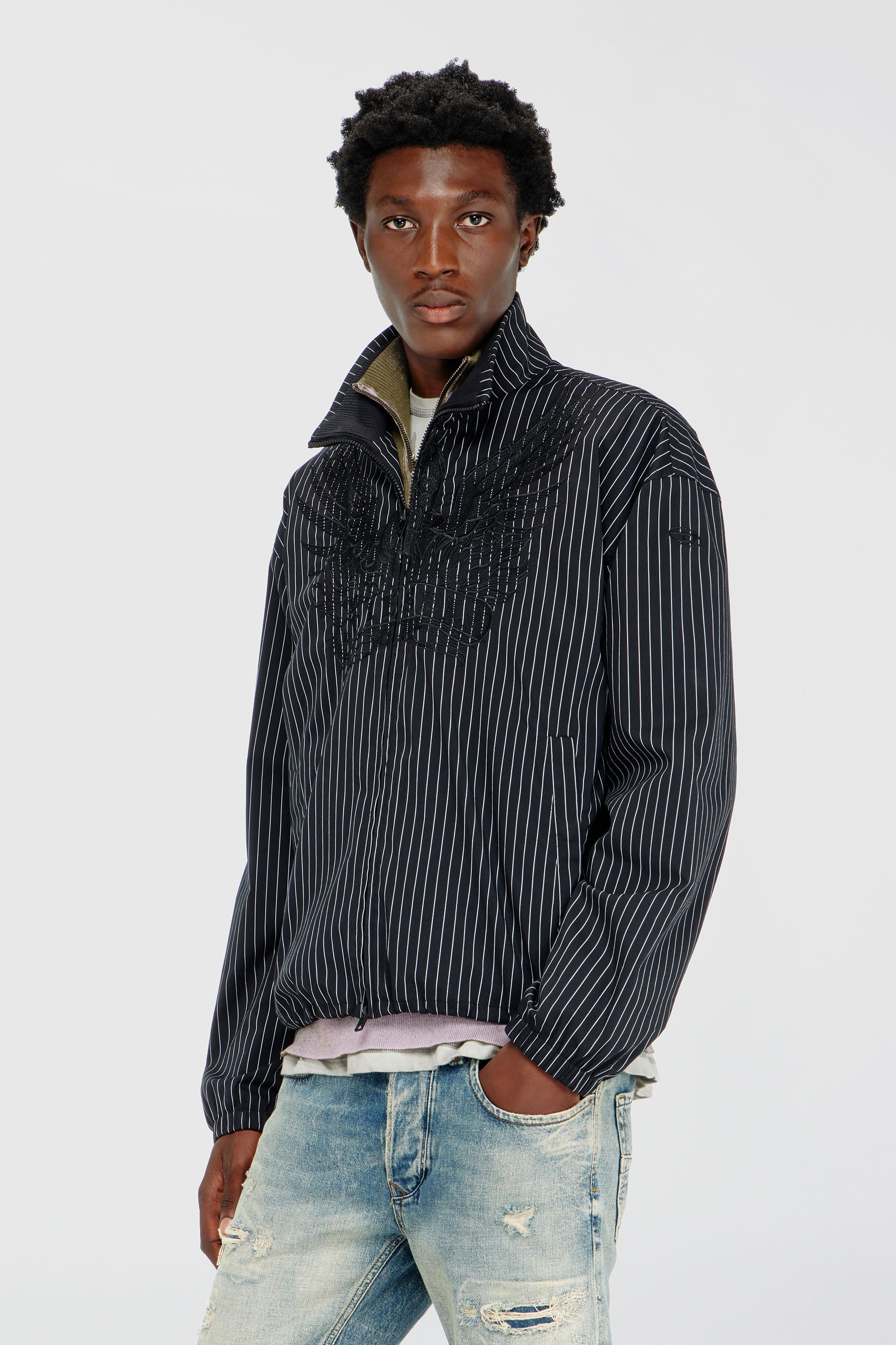 Diesel - J-CORSAR-NJCA, Man's Nylon pinstripe Jacket with Phoenix embroidery in Black - 1
