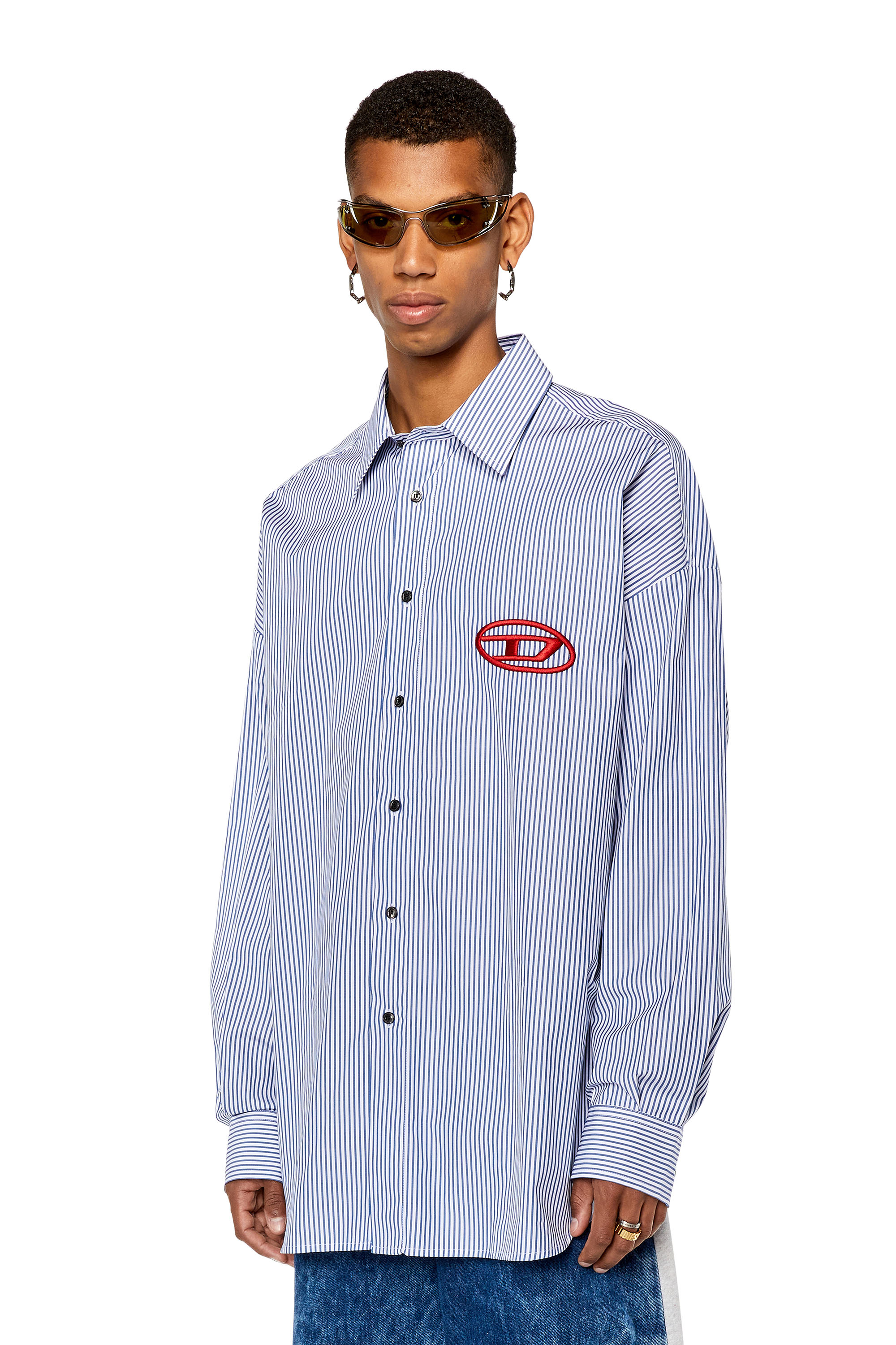 Diesel - S-DOUBER, Man Loose fit shirt with embroidered logo in Blue - Image 1