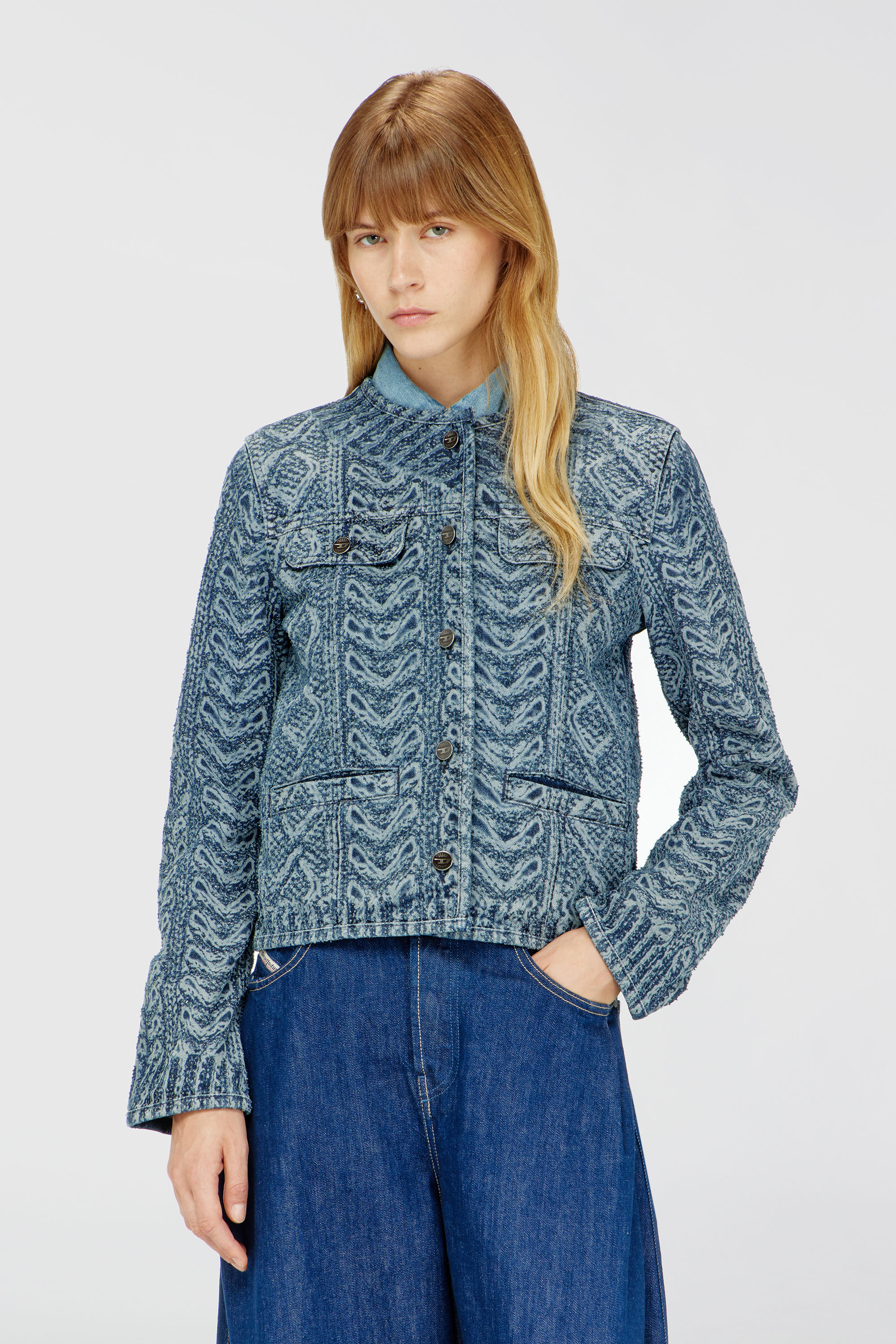 Diesel - DE-GRAFY-S2, Woman's Collarless jacket in cable-knit-effect denim in Medium blue - 1