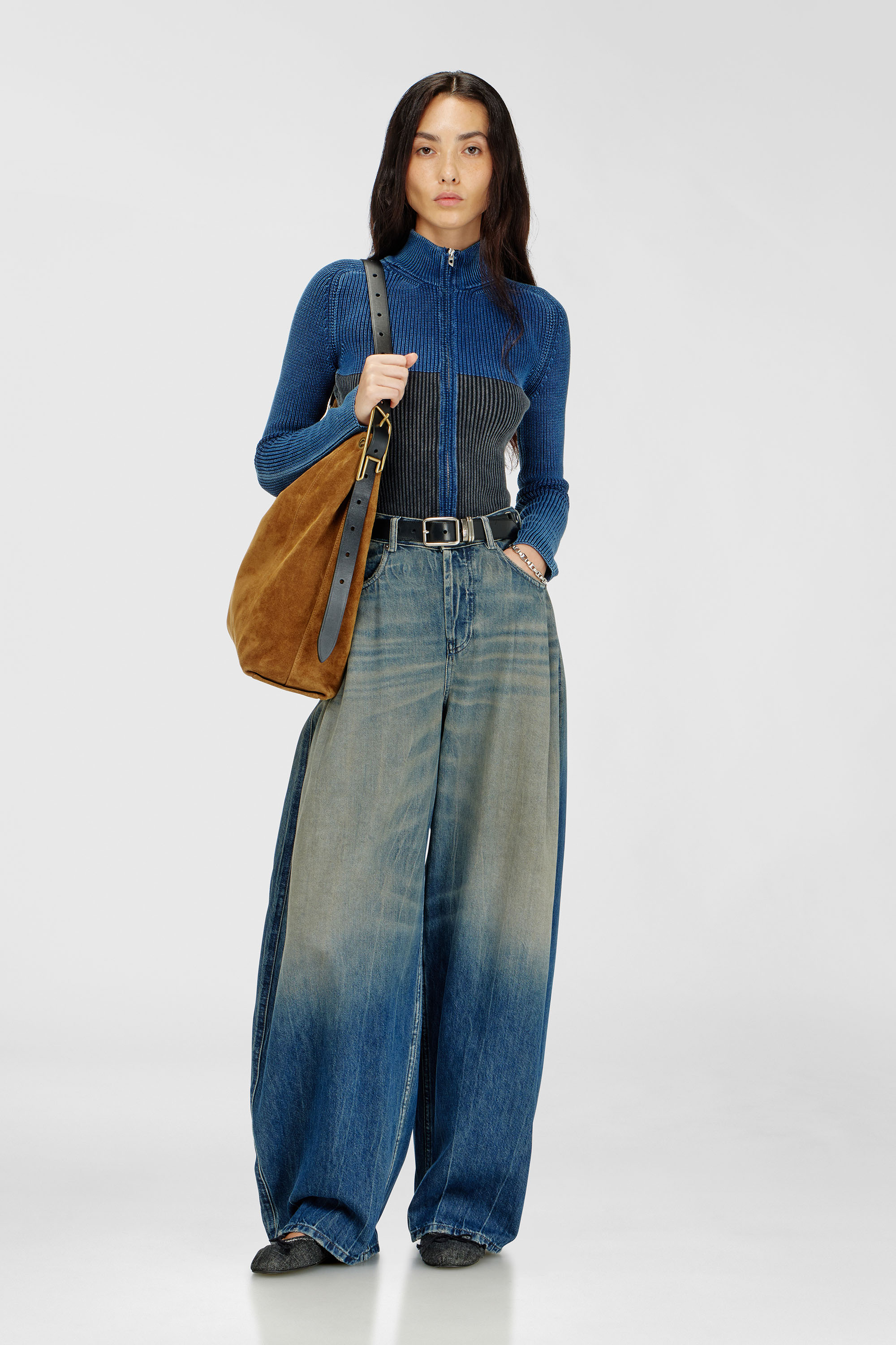 Diesel - M-HERMOSITA, Woman's Zip-up cardigan with two-tone denim effect in Black/Blue - 1
