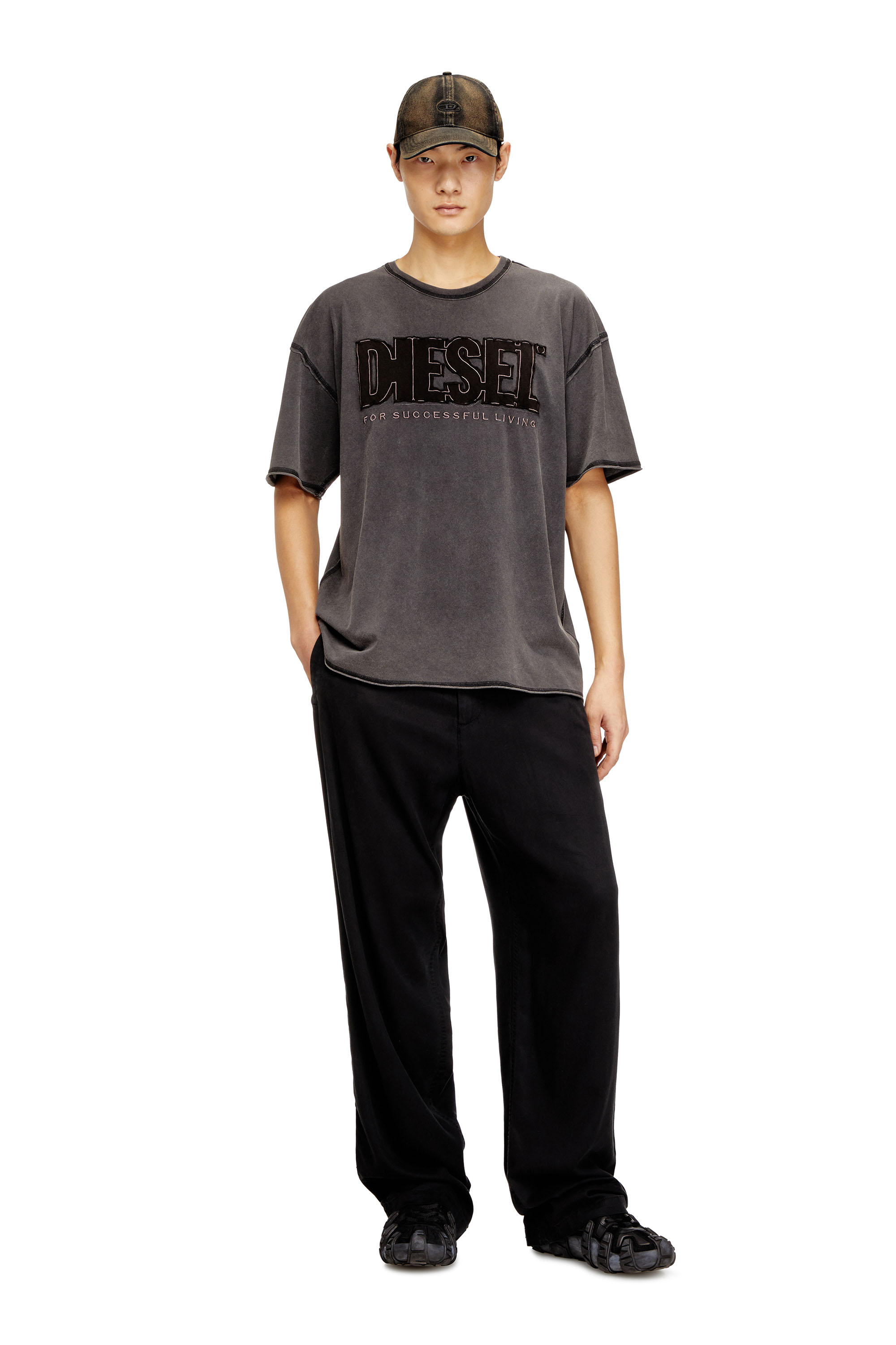 Diesel - T-RAWBOXT, Man's T-shirt with appliqu&eacute; logo and raw edge in Dark grey - 2