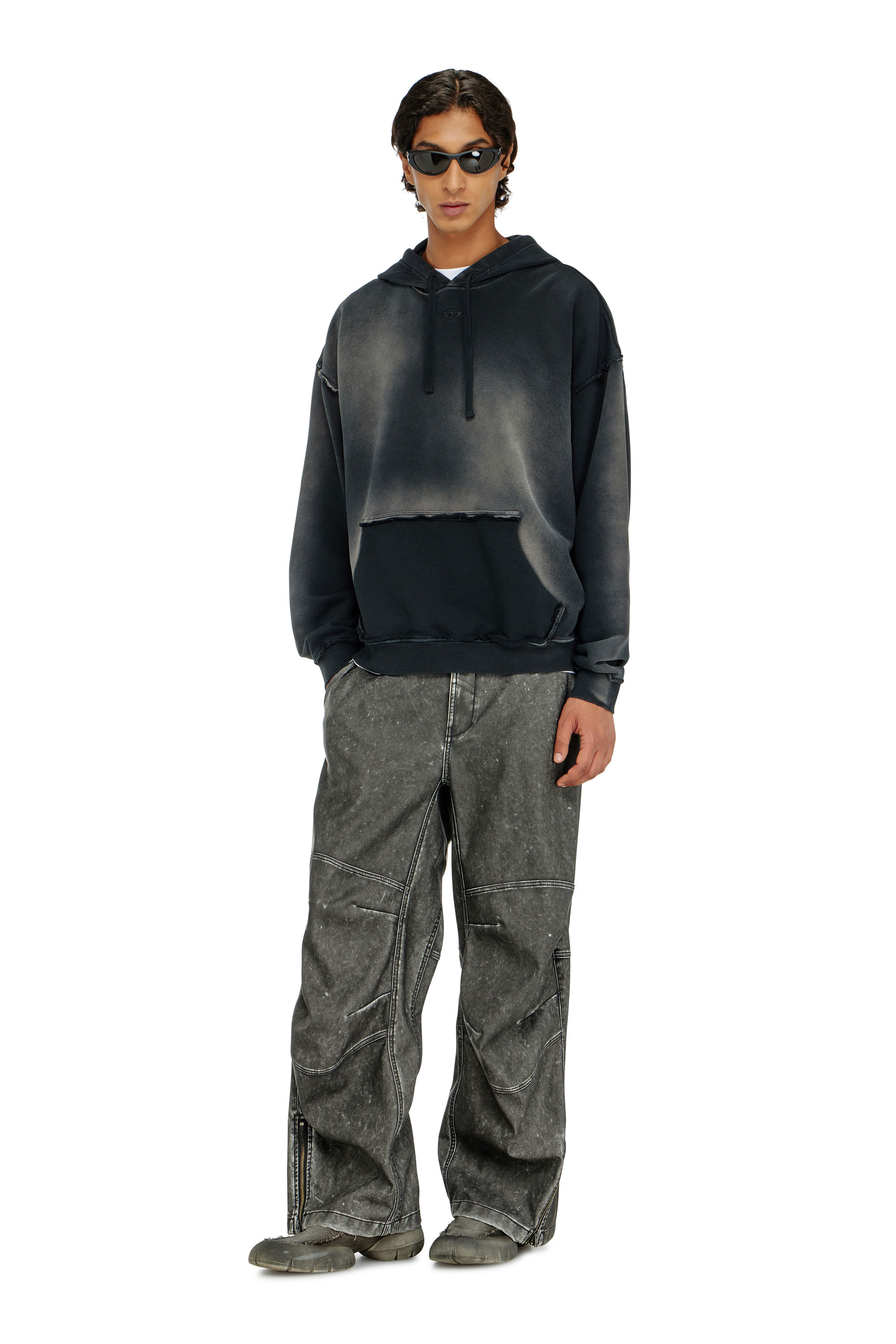Diesel - S-POCK-HOOD, Man's Faded cotton hoodie with frayed details in Black - 1