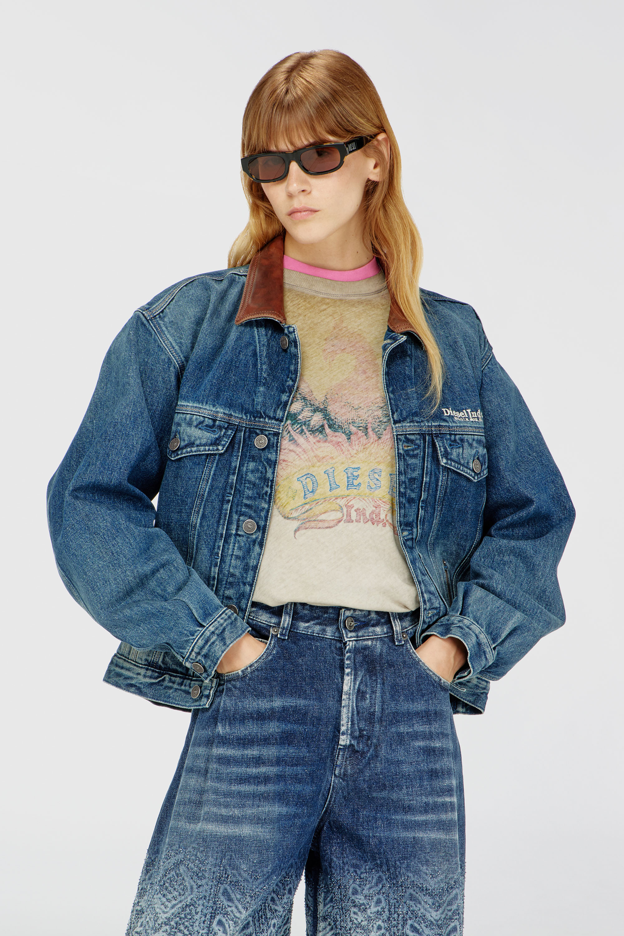 Diesel - D-DENVER-S1, Unisex's Denim trucker jacket with contrast leather trims in Blue - 1