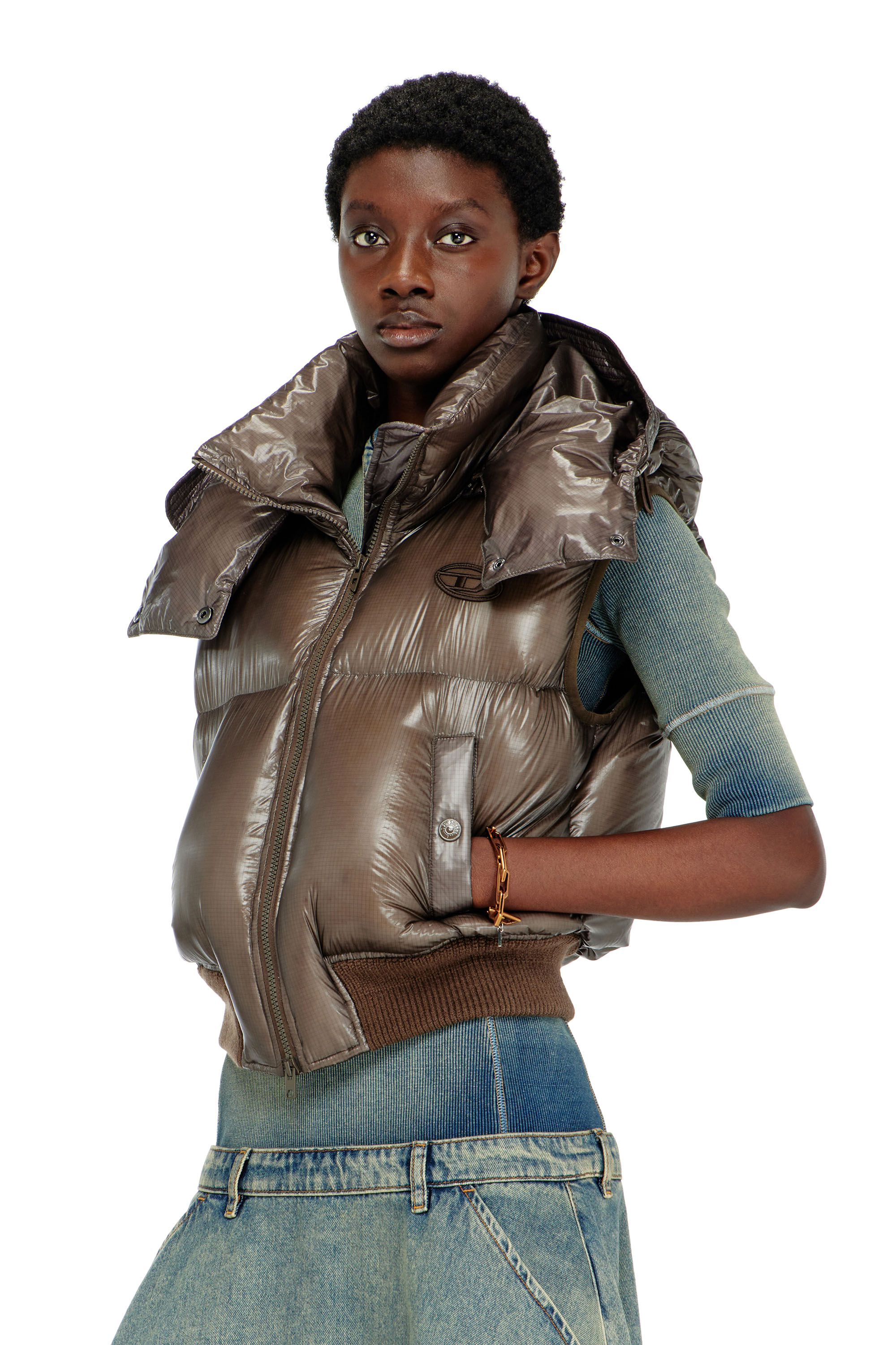 Diesel - W-PEYT-SSL-NEW-T1, Woman's Down vest in ripstop with detachable hood in Brown - 1